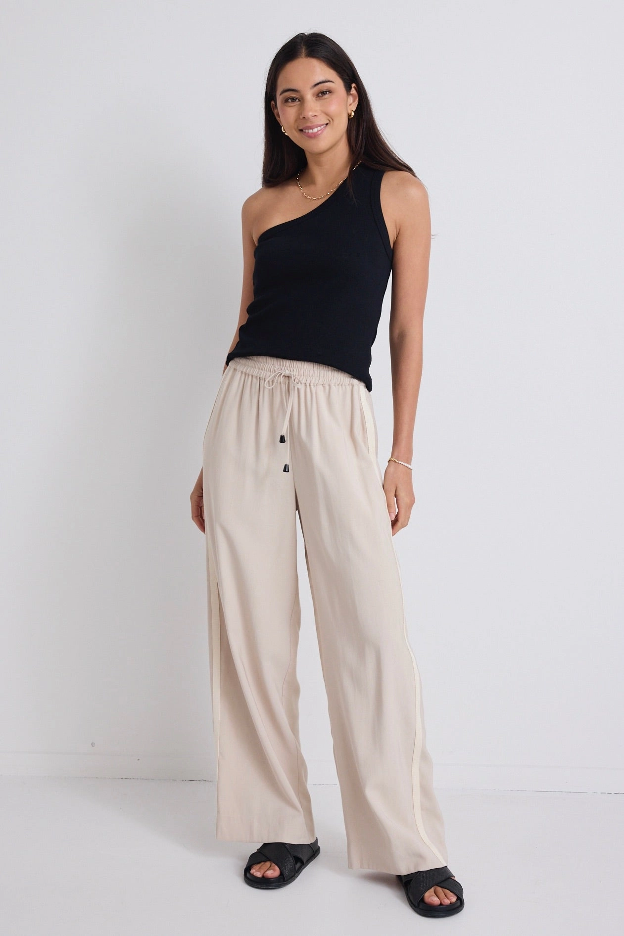 DoubleLayeredHem Townie Sand Stripe Side Tape Wide Leg Pants