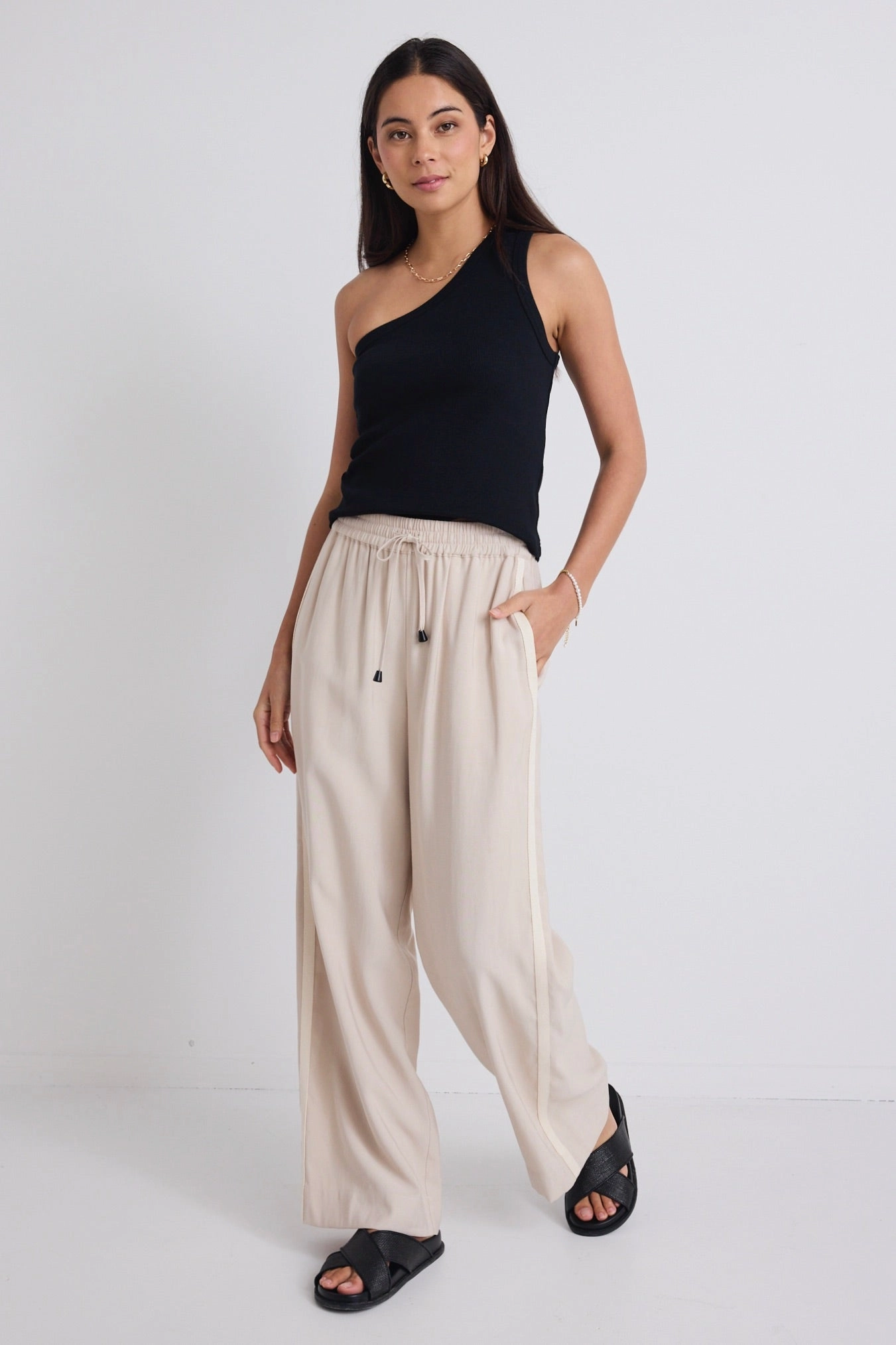 Townie Sand Stripe Side Tape Wide Leg Pants Everyday Essential Recyclable Fabric Blend