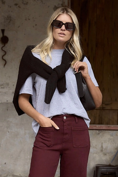 Street Grey Marle Crew Neck Short Sleeved Boxy Tee LayeredNeckline Flexible Ribbed Cuffs