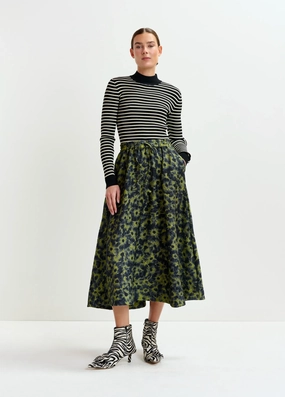 Tea length Essentiel Antwerp Isebel Elasticated Midi Skirt in Brat Olive