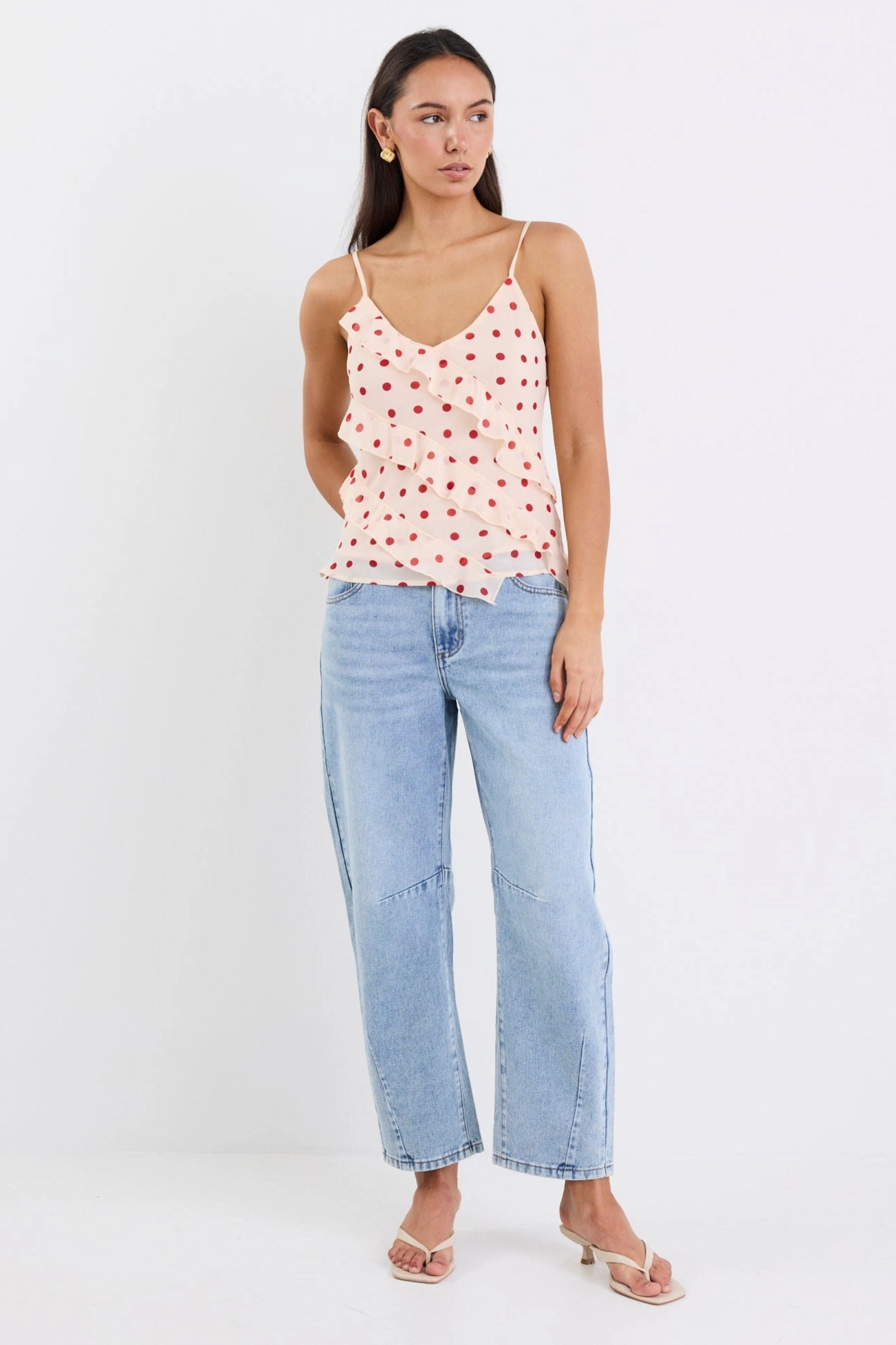Anti Pill Finish DoubleStitchedSeams Outgoing Cream Cherry Polka Dot Frill Front Cami Top