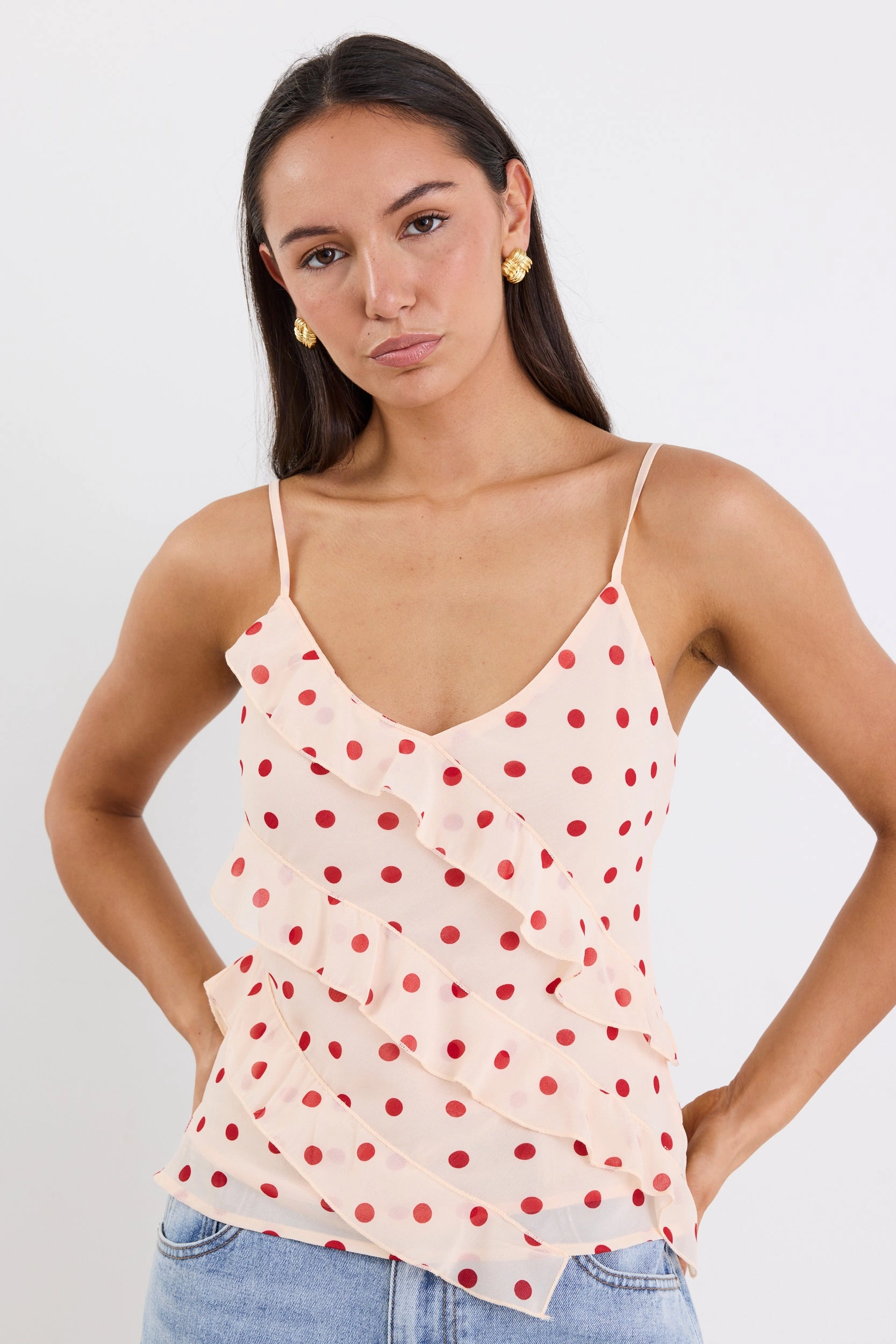 Eco Friendly Fabric Elegant Blouse Outgoing Cream Cherry Polka Dot Frill Front Cami Top