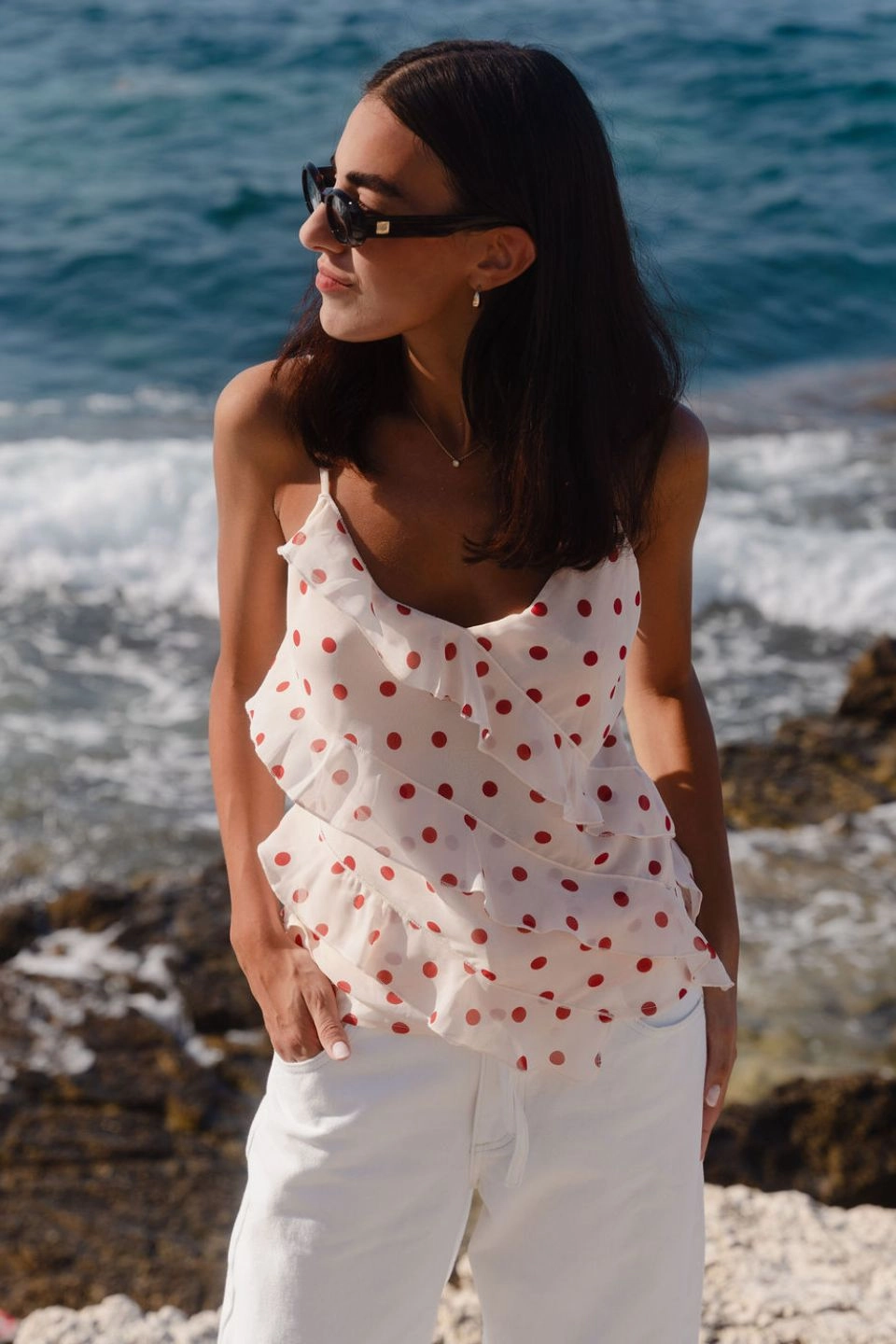 Outgoing Cream Cherry Polka Dot Frill Front Cami Top Trendy Look