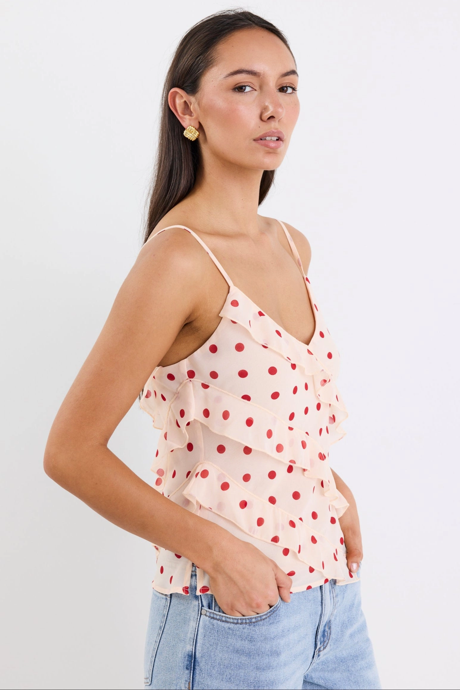 Compact Stitching Outgoing Cream Cherry Polka Dot Frill Front Cami Top