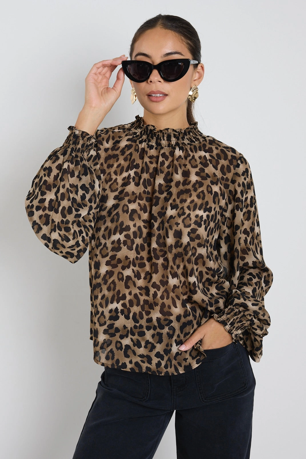 Embrace Leopard Georgette High Neck LS Top StaticResistantFabric