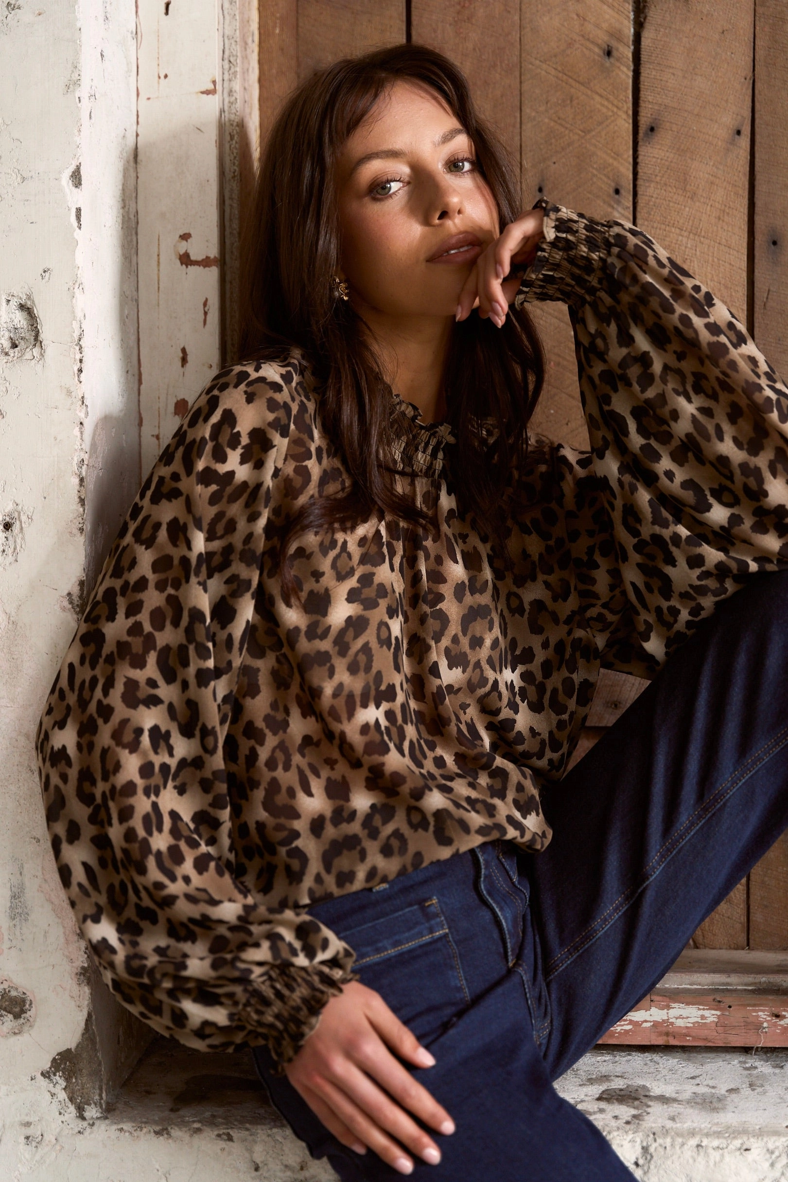Embrace Leopard Georgette High Neck LS Top FasteningHood Eco Friendly Material