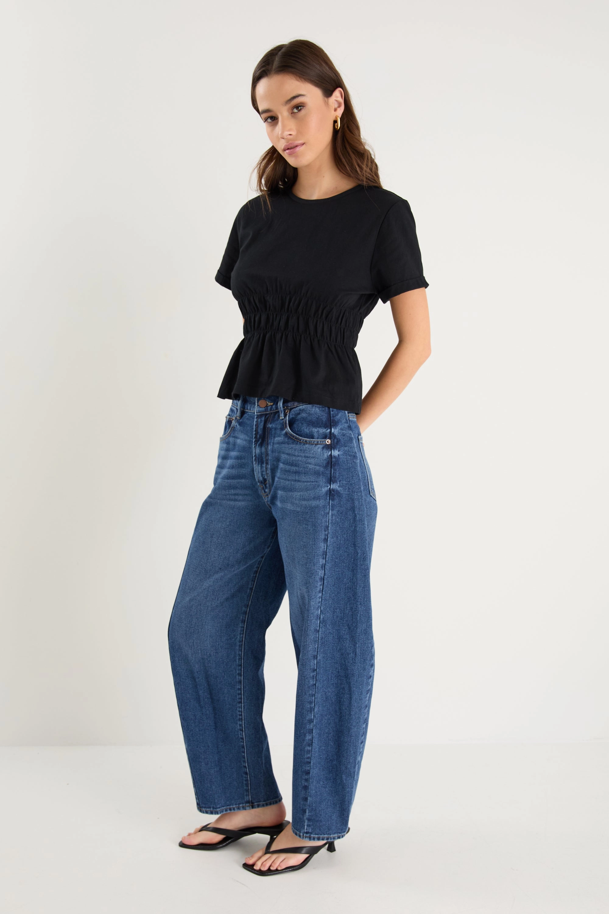 Varsity Deep Blue Forward Seam Barrel Jeans Sleek Appearance