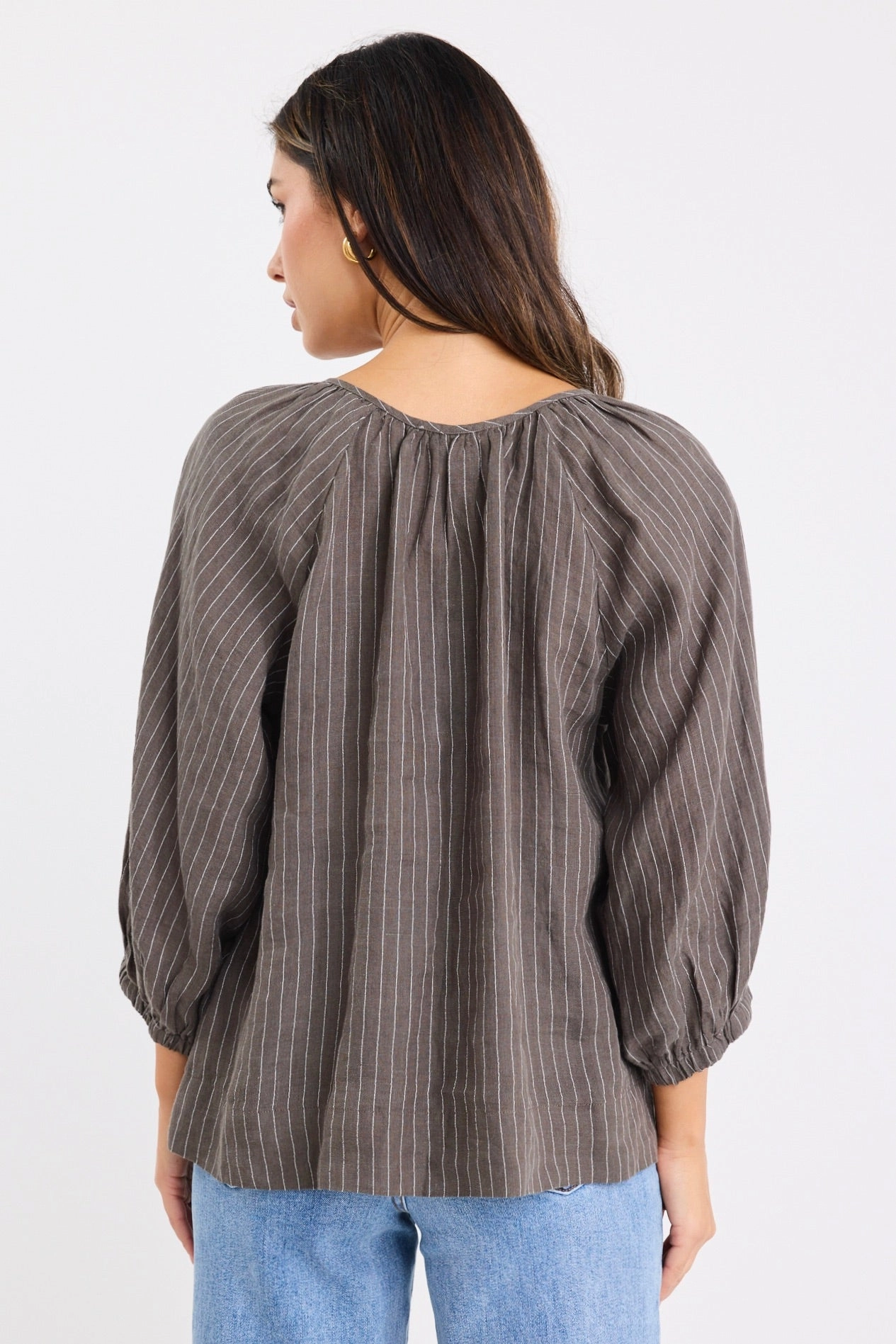Breathable Knit Fabric Revolutionary Khaki Stripe Linen Relaxed LS Top
