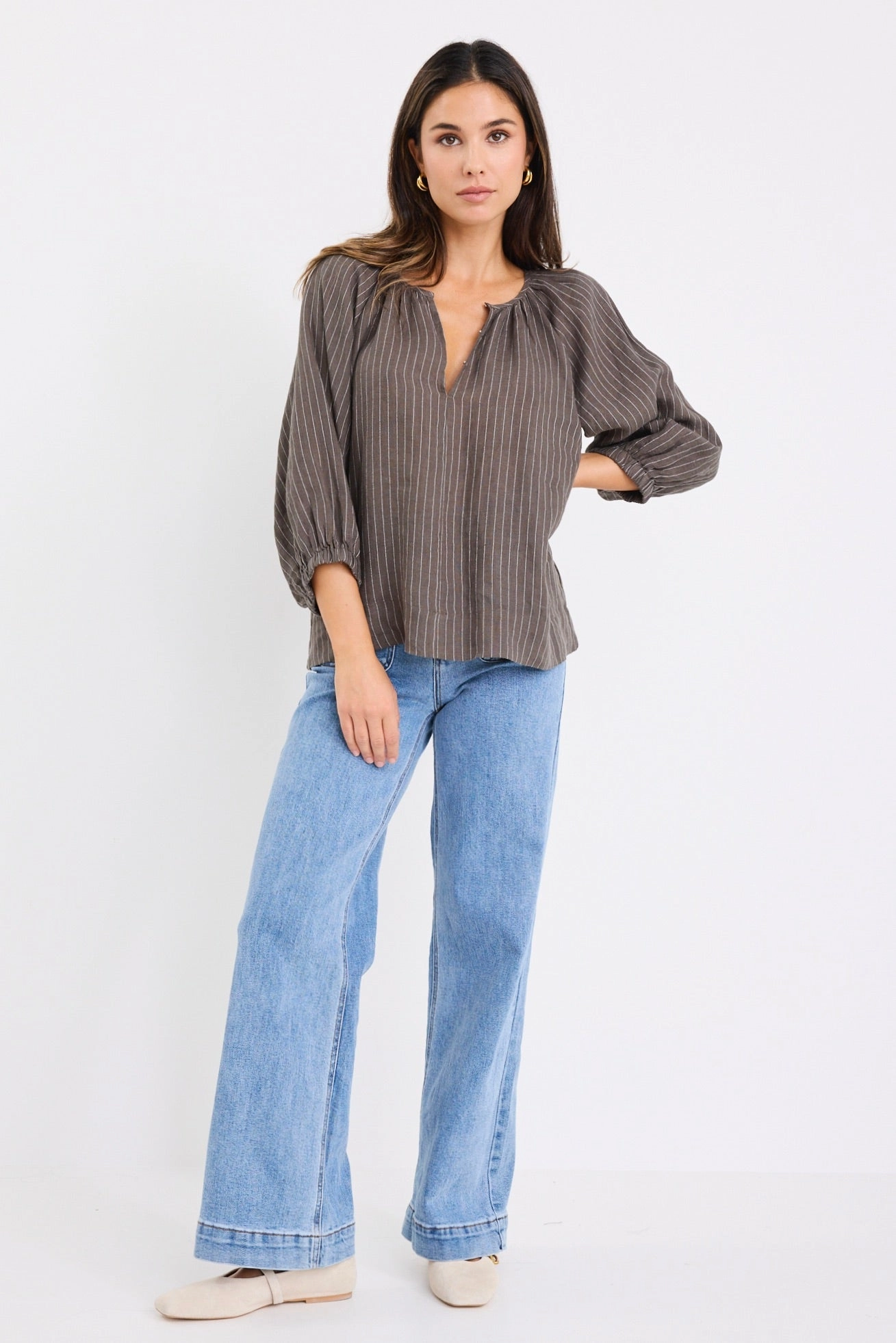 Compact Thermal Insulation Revolutionary Khaki Stripe Linen Relaxed LS Top