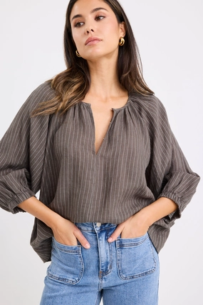 Soft Touch Fabric StretchFit Revolutionary Khaki Stripe Linen Relaxed LS Top