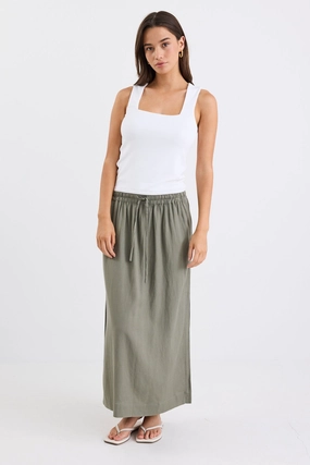 Notion Khaki Viscose Blend Tie Waist Side Split Midi Skirt personalized option Water Repellent Finish