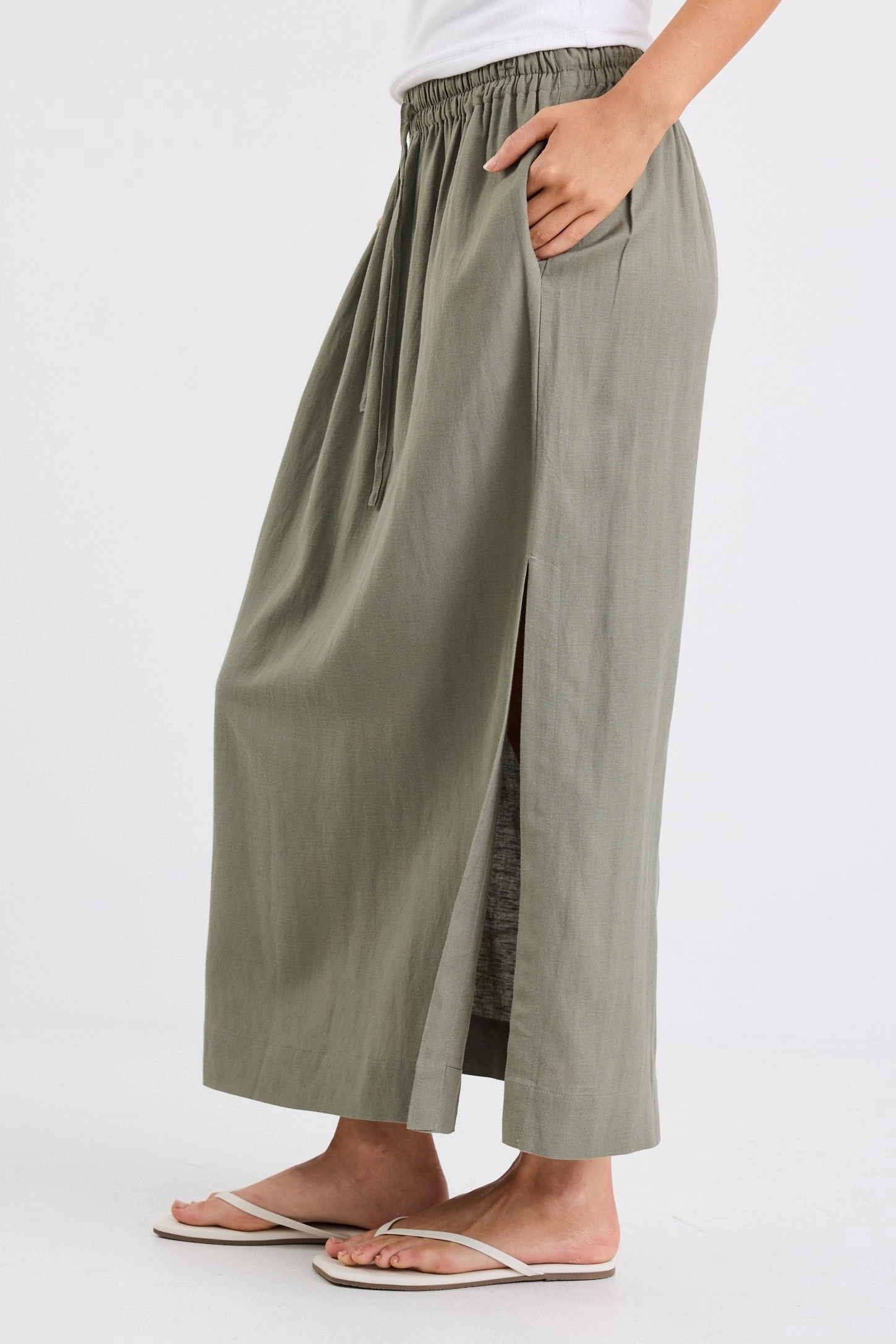 Notion Khaki Viscose Blend Tie Waist Side Split Midi Skirt Craftsmanship Focus