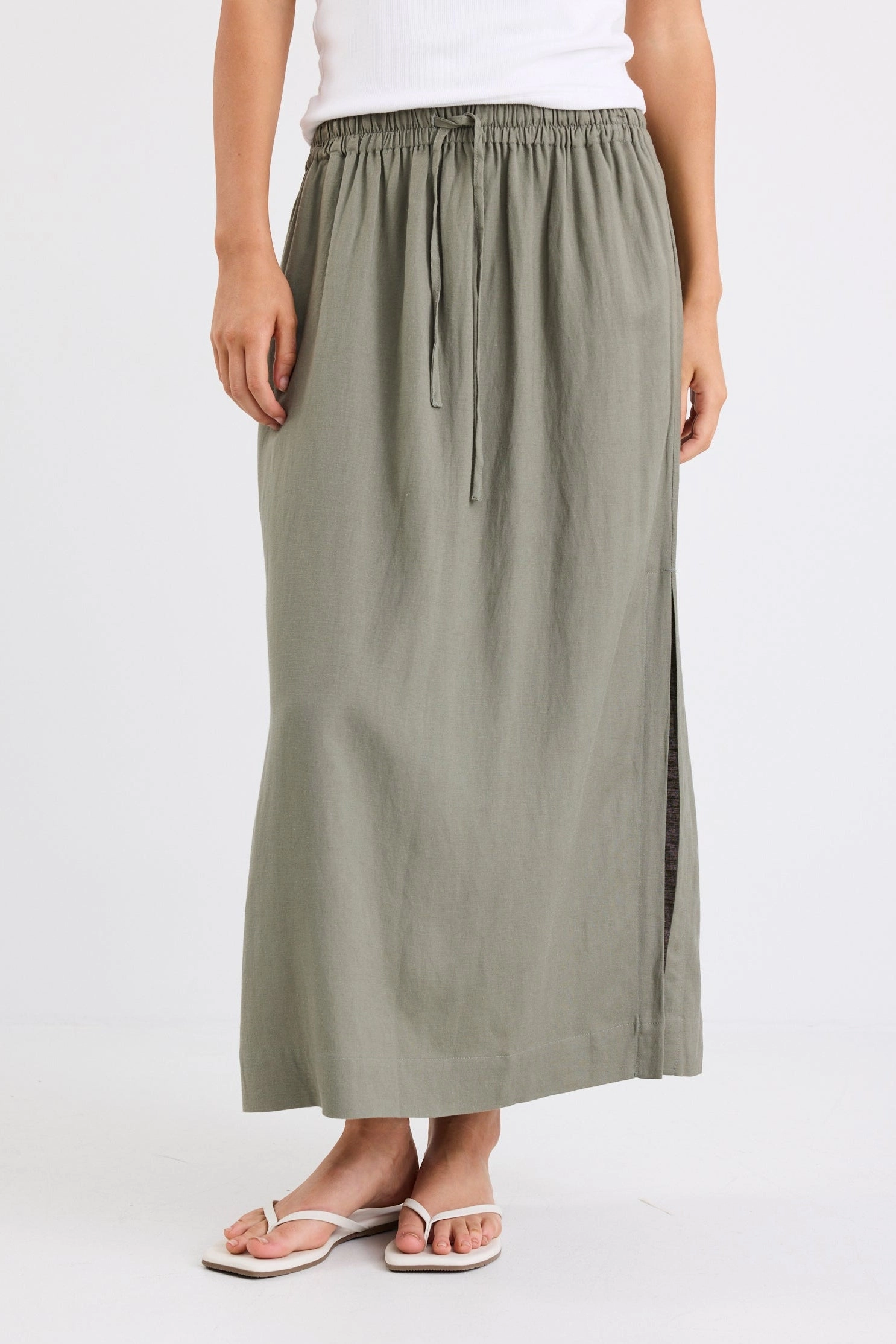 Notion Khaki Viscose Blend Tie Waist Side Split Midi Skirt Street Vibe Effortless Feel