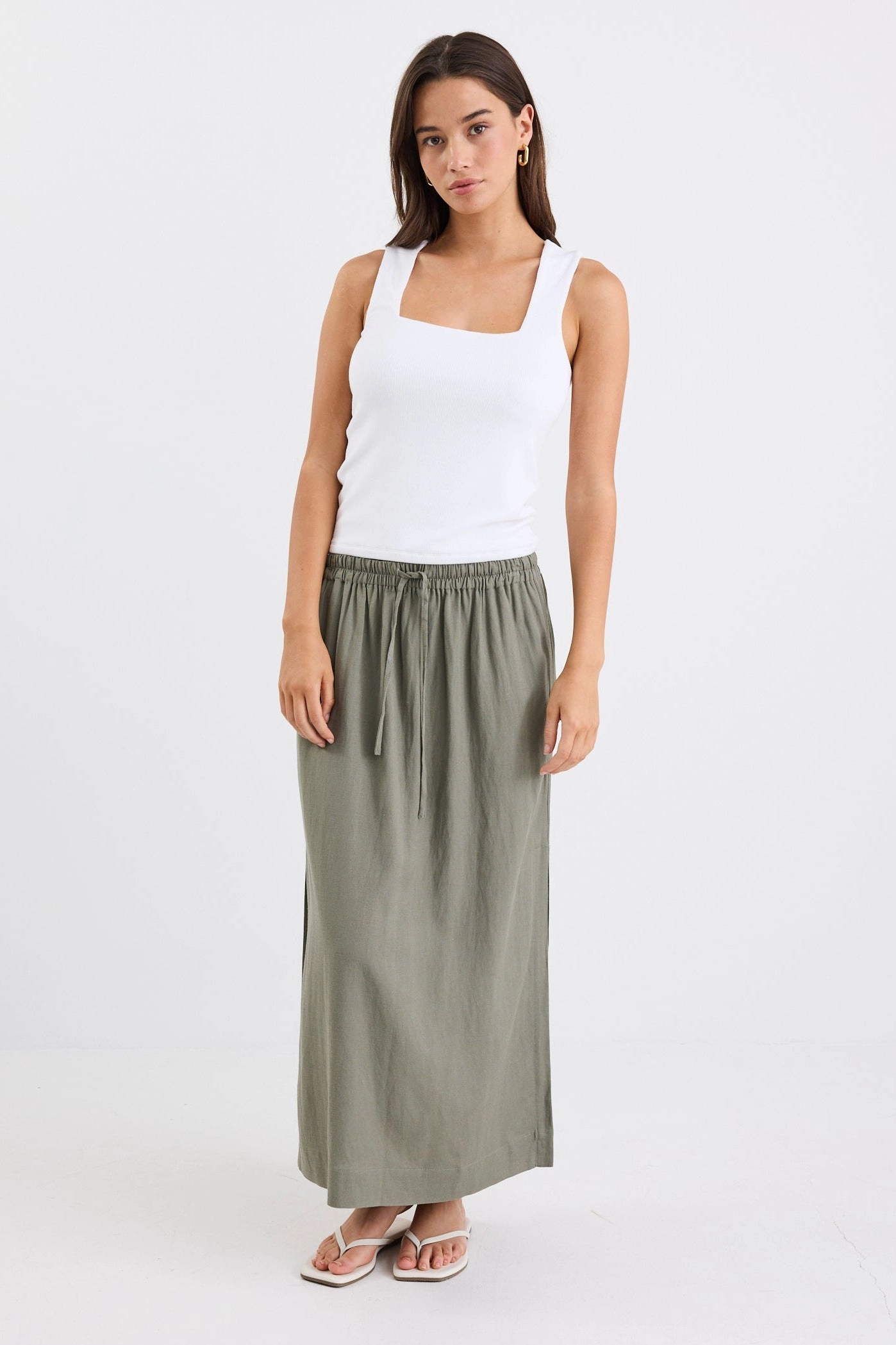 Notion Khaki Viscose Blend Tie Waist Side Split Midi Skirt personalized option Water Repellent Finish