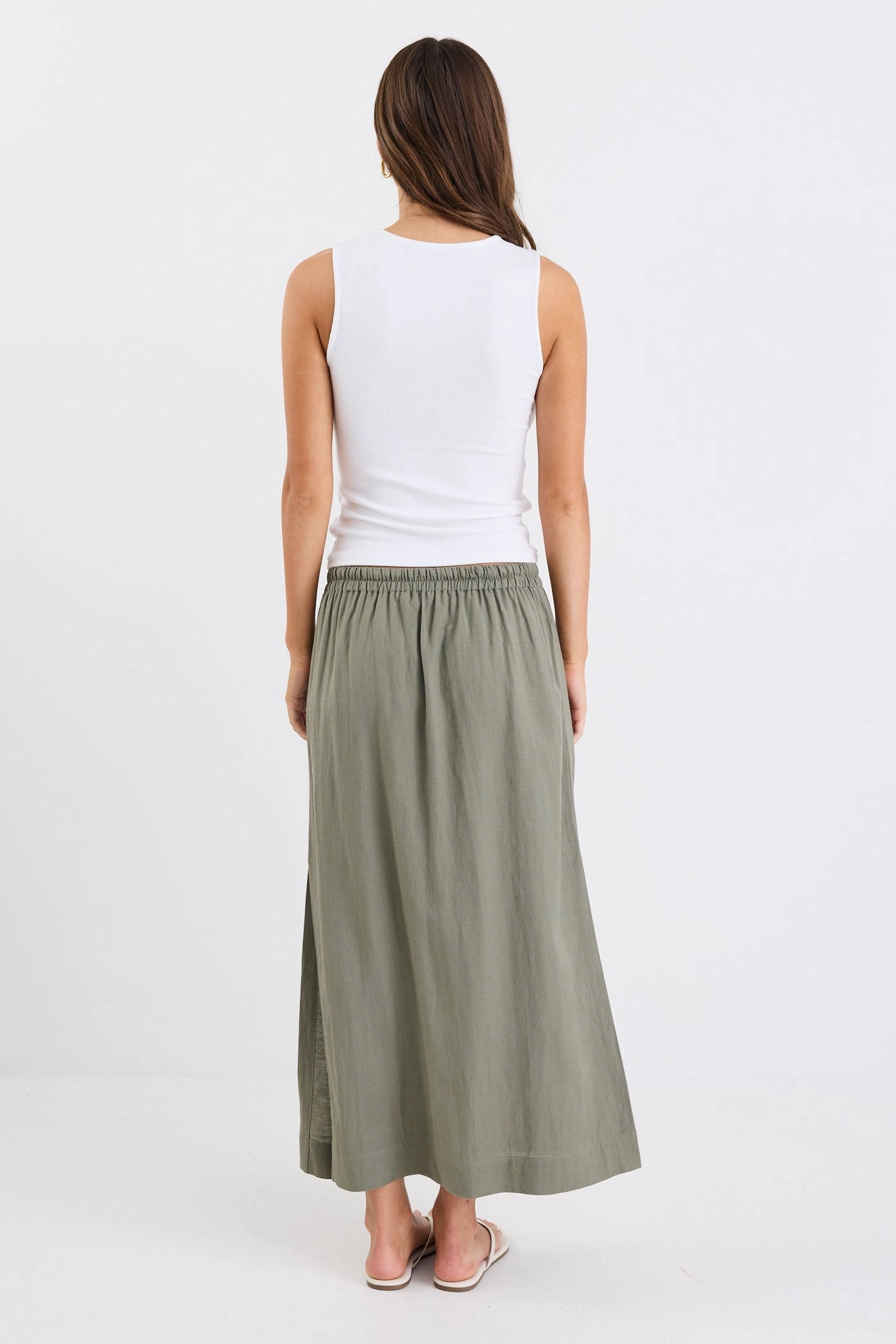 Classic Comfort Notion Khaki Viscose Blend Tie Waist Side Split Midi Skirt