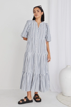 All Layer Noya Navy Stripe Puff Ss Buttoned Tiered Maxi Dress