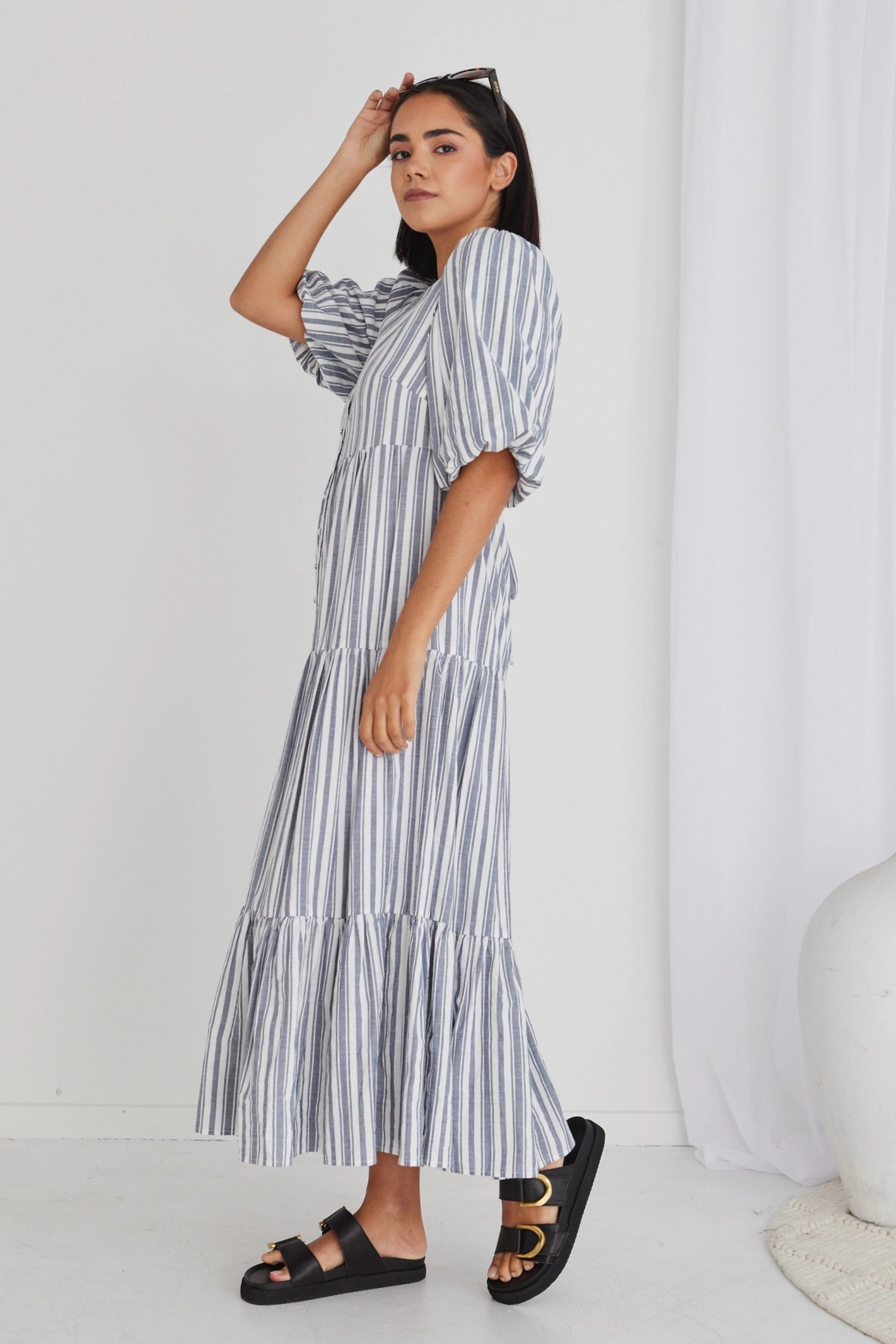 Noya Navy Stripe Puff Ss Buttoned Tiered Maxi Dress Fashionable Look