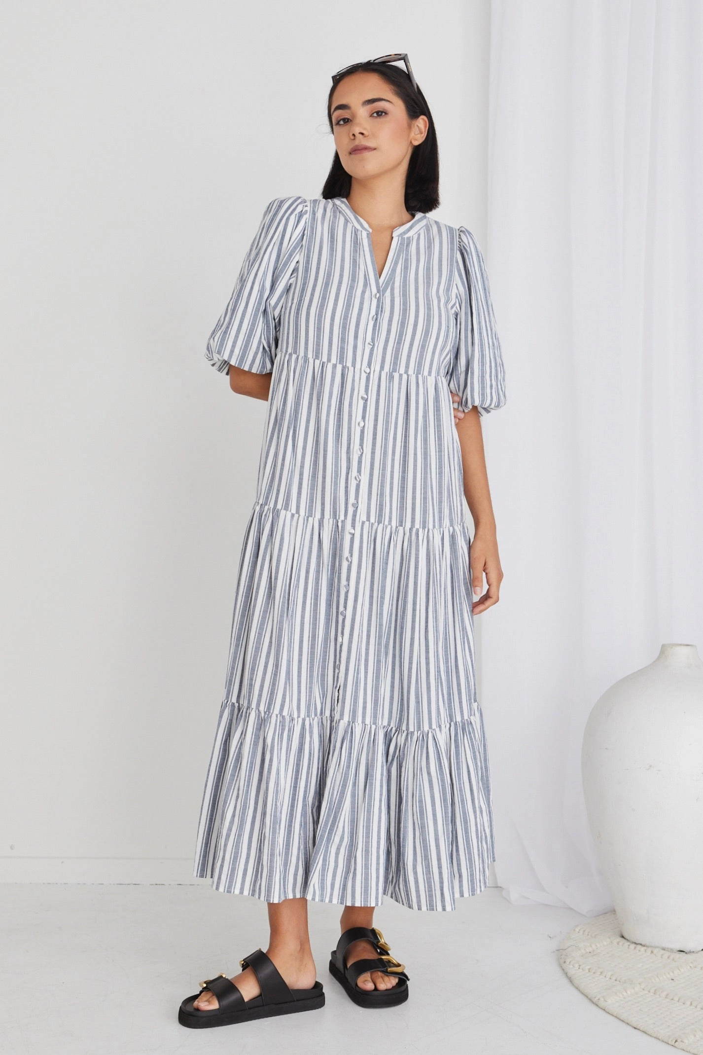 All Layer Noya Navy Stripe Puff Ss Buttoned Tiered Maxi Dress