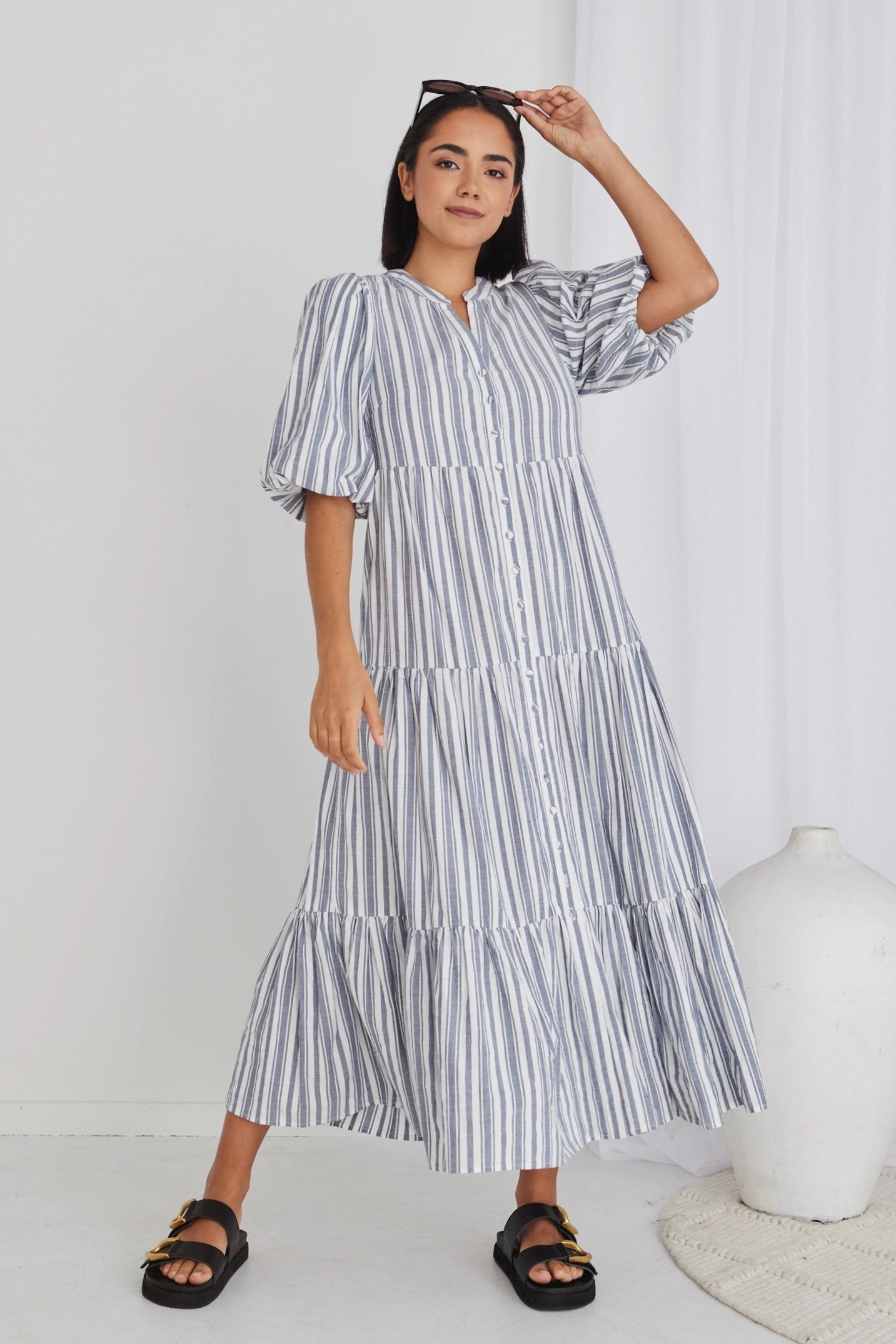Warm Soft Noya Navy Stripe Puff Ss Buttoned Tiered Maxi Dress