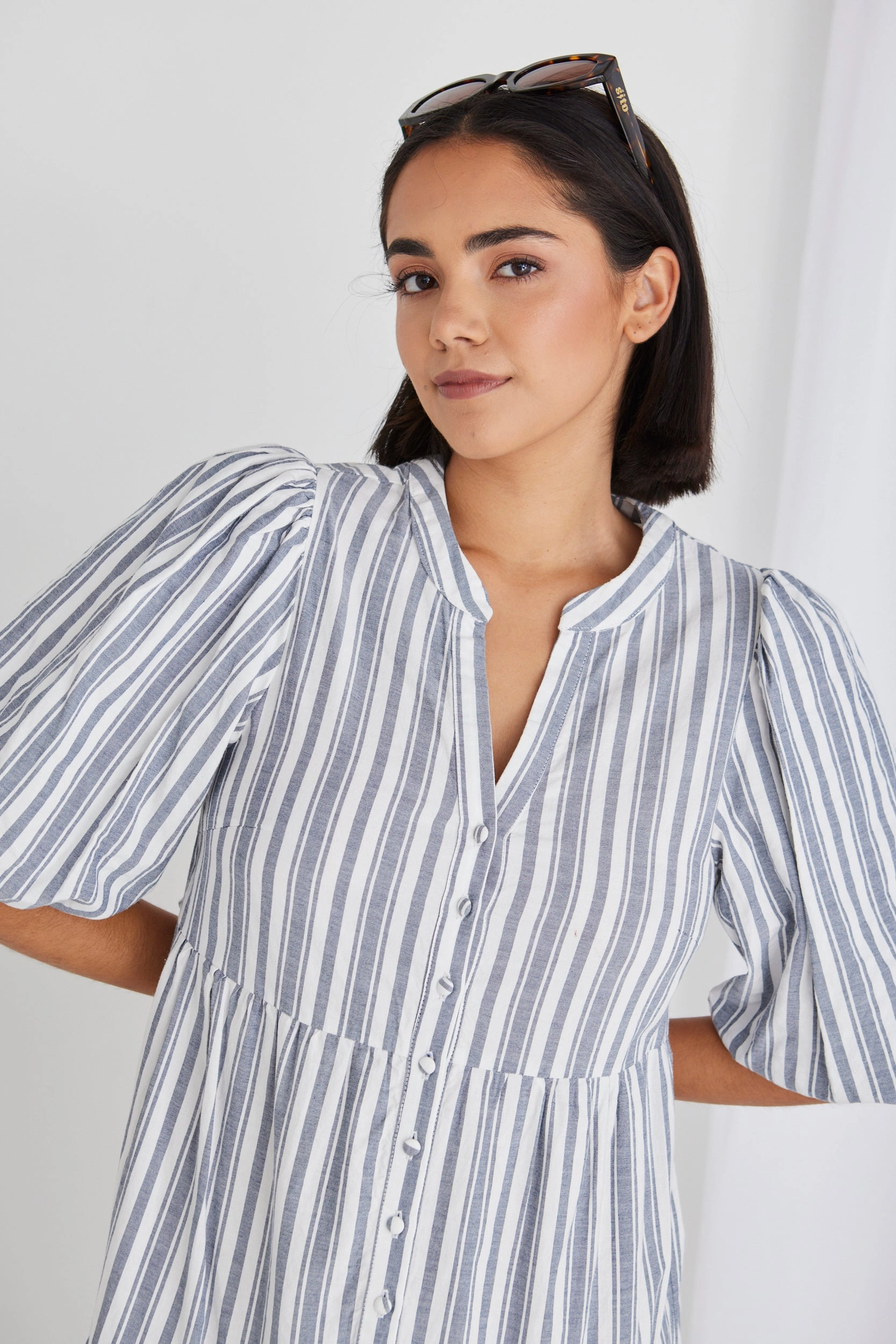 Understated Elegance budget-friendly Noya Navy Stripe Puff Ss Buttoned Tiered Maxi Dress