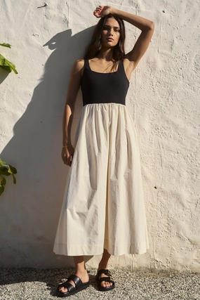 Obsidian Black and Ecru Square Neck Contrast Midi Dress Lower Hem