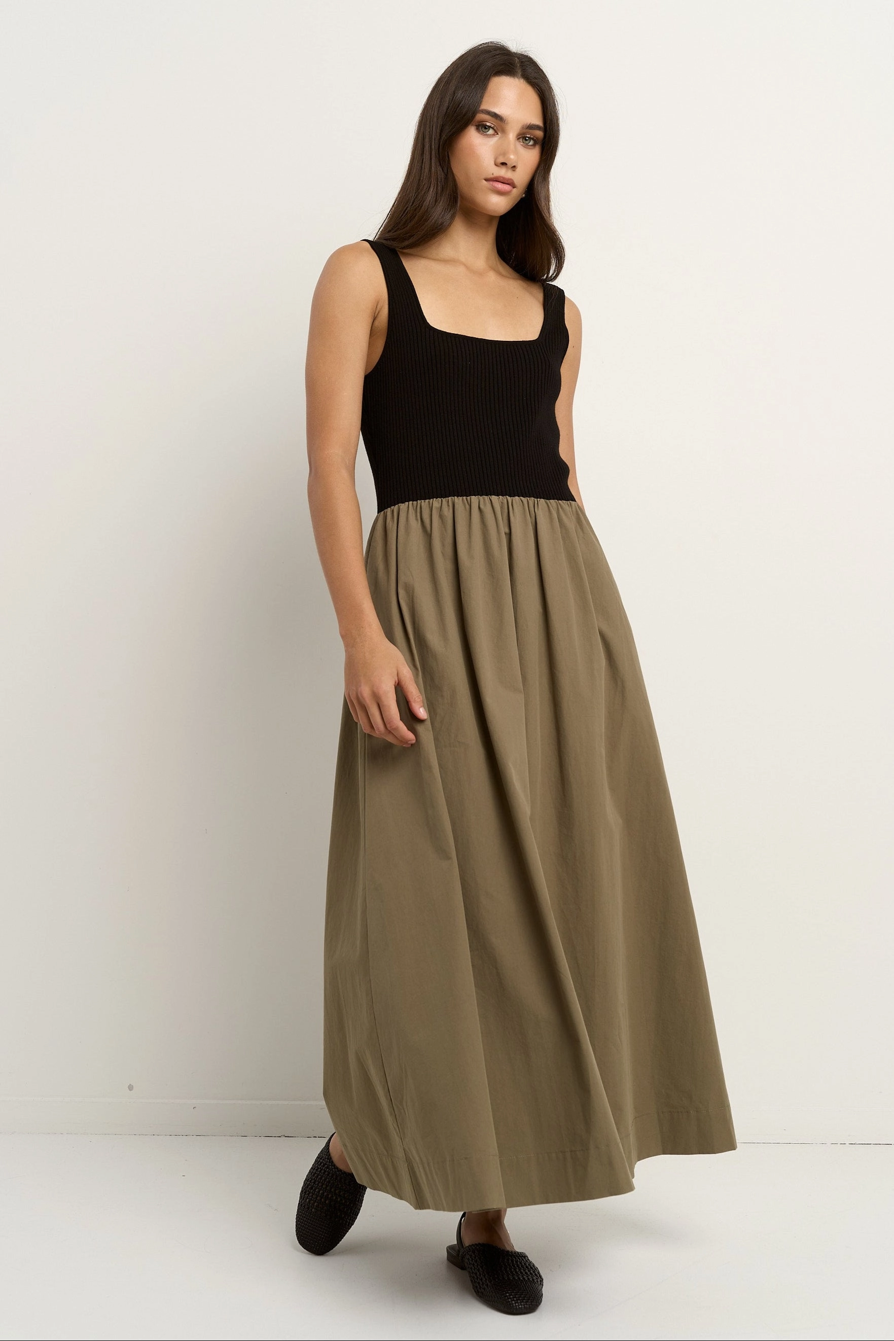 Obsidian Black and Khaki Square Neck Contrast Midi Dress Spring Flow