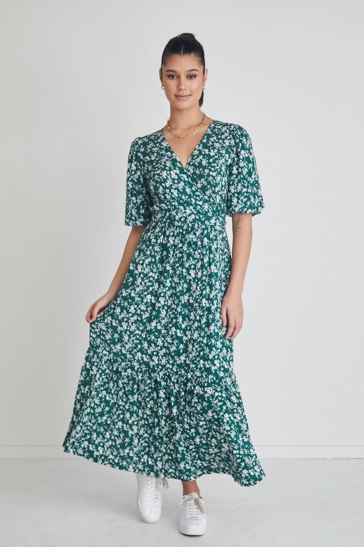 Ocean Green Ditsy Ss Wrap Midi Dress Flared-Hem Glam Feel