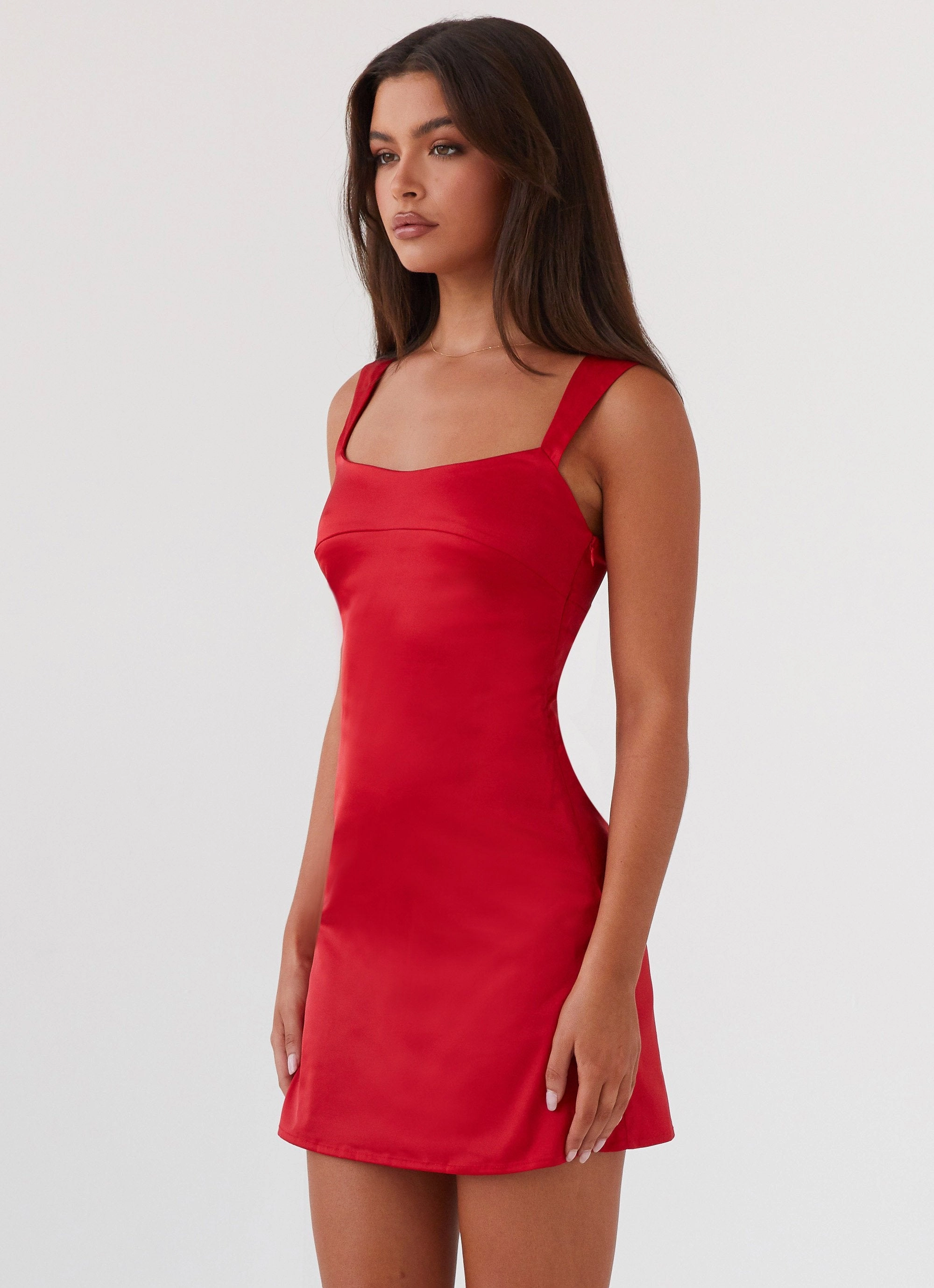 Odette Satin Mini Dress - Red Applique-Detail