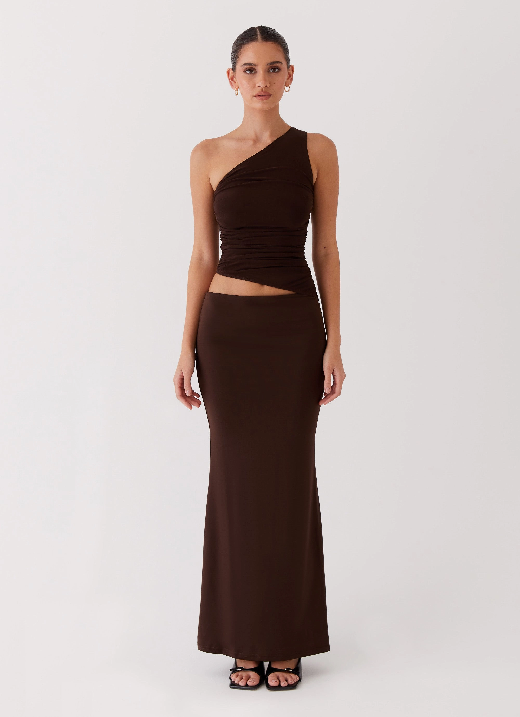 Comfy and Cozy Seranella One Shoulder Maxi Dress - Chocolate