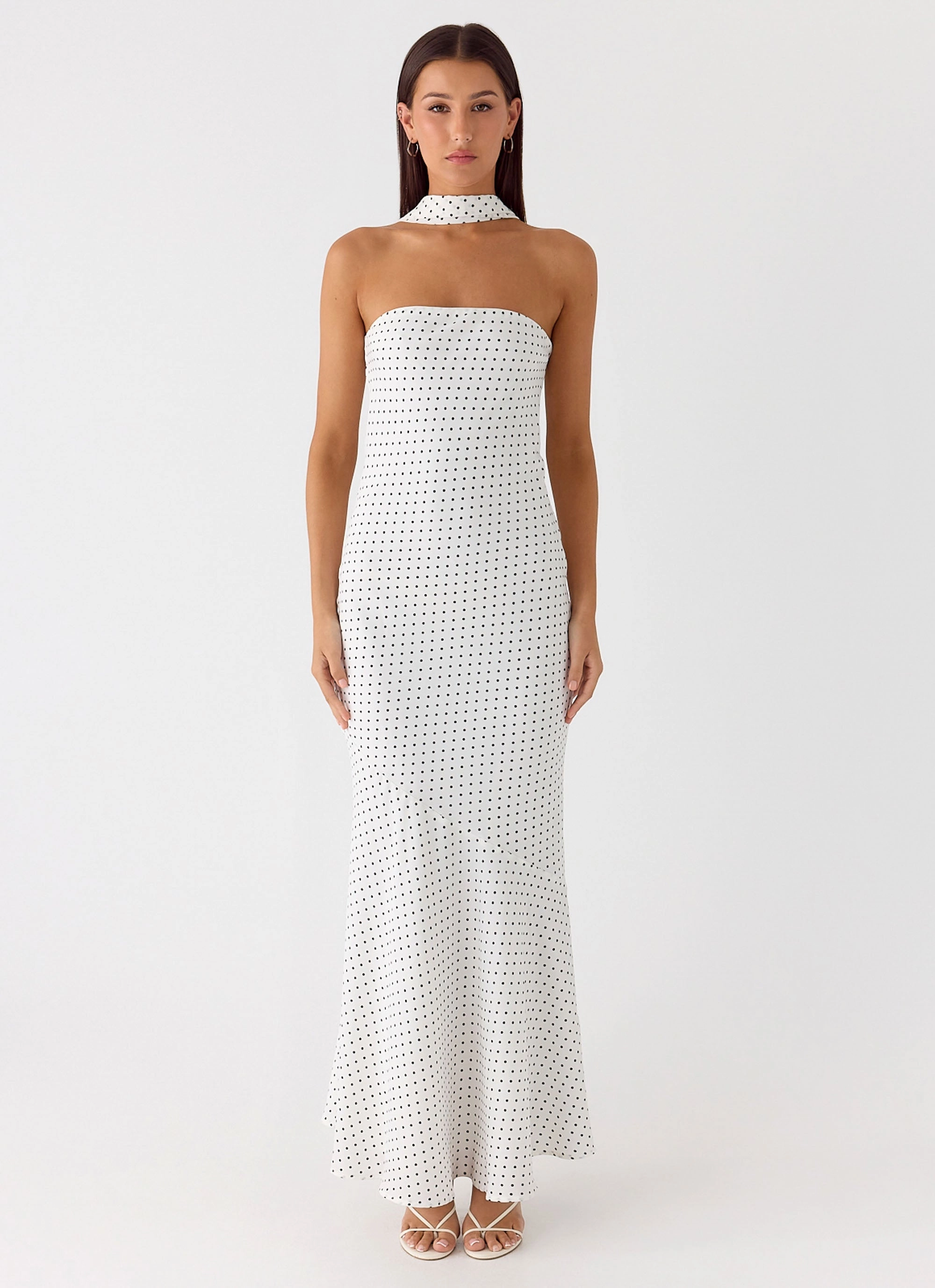 Under The Pagoda Maxi Dress - White Polkadot City Style Perfect Waistband