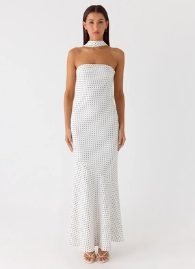Under The Pagoda Maxi Dress - White Polkadot City Style Perfect Waistband