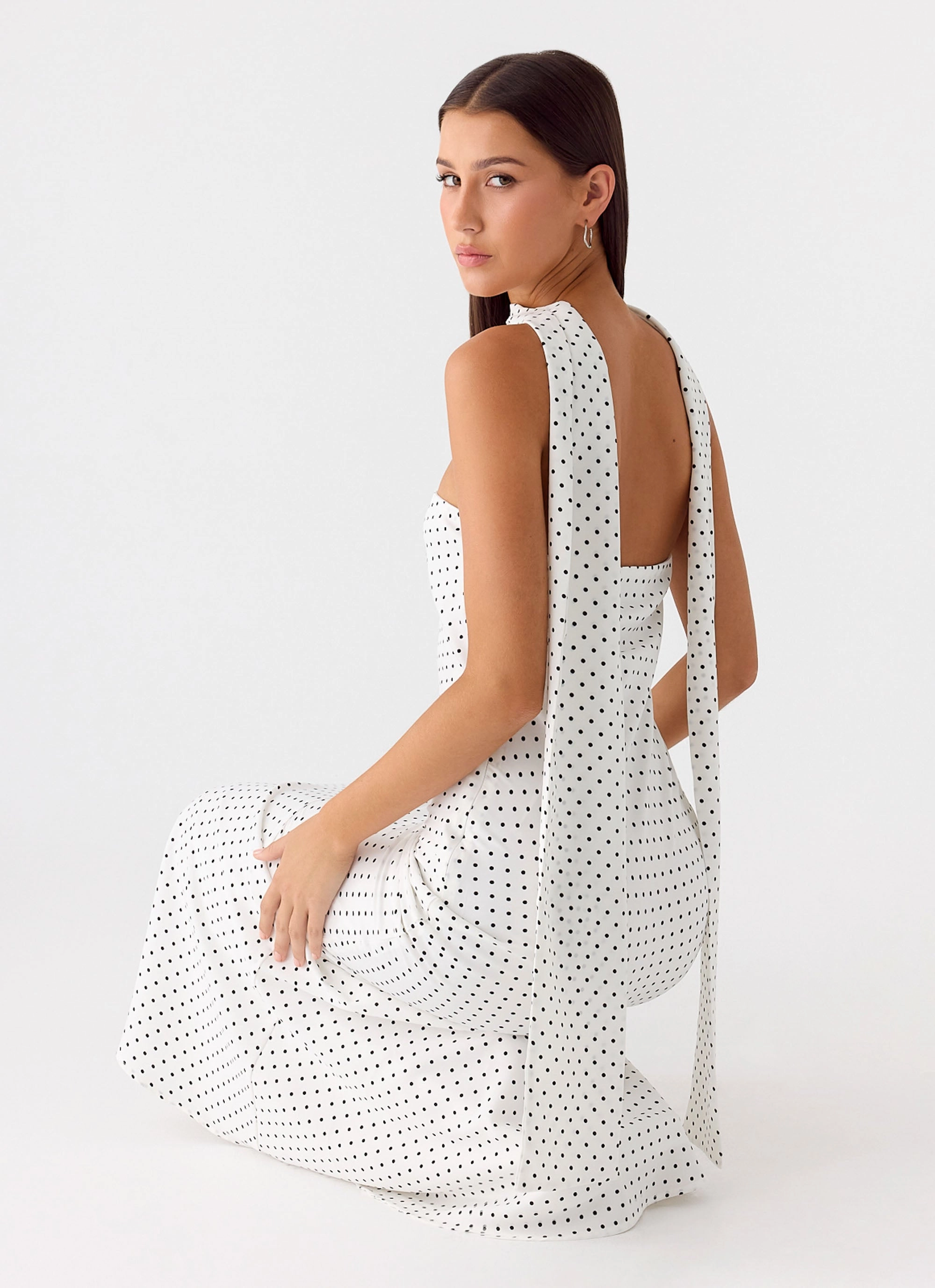 Under The Pagoda Maxi Dress - White Polkadot Button Accent LayeredHemline