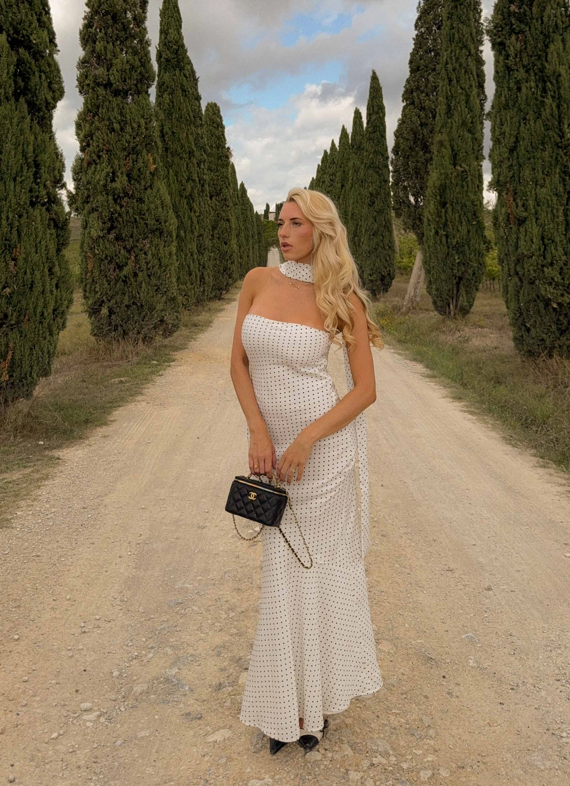 Under The Pagoda Maxi Dress - White Polkadot Vacation Outfit