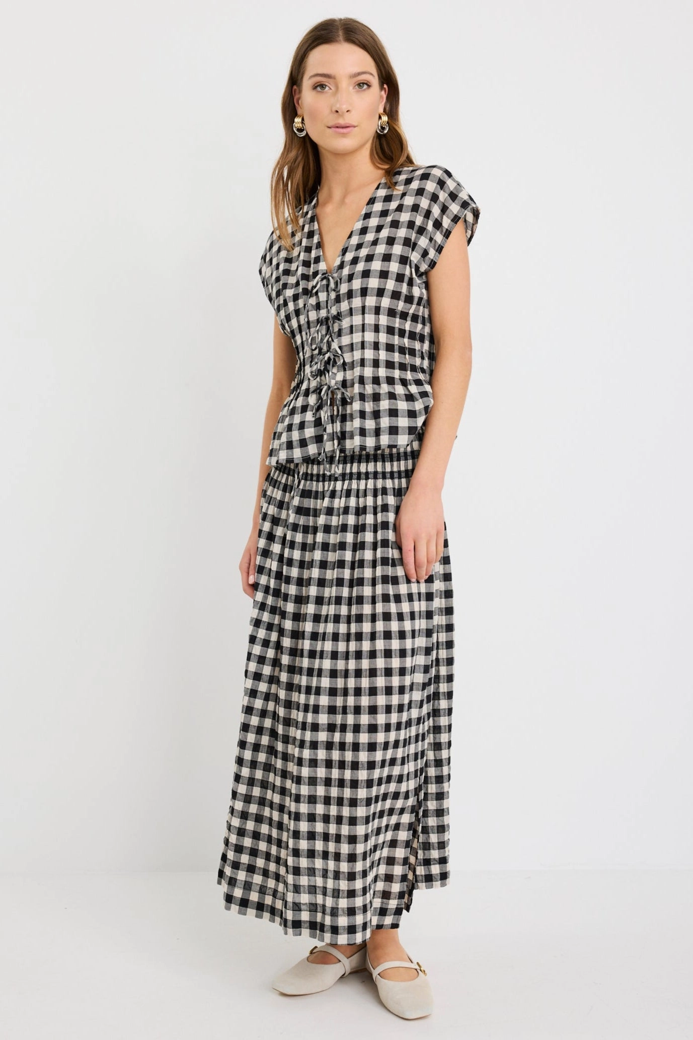 Cheerful Black Gingham Cotton Shirred Waist Maxi Skirt Side Slit Minimal Vibe