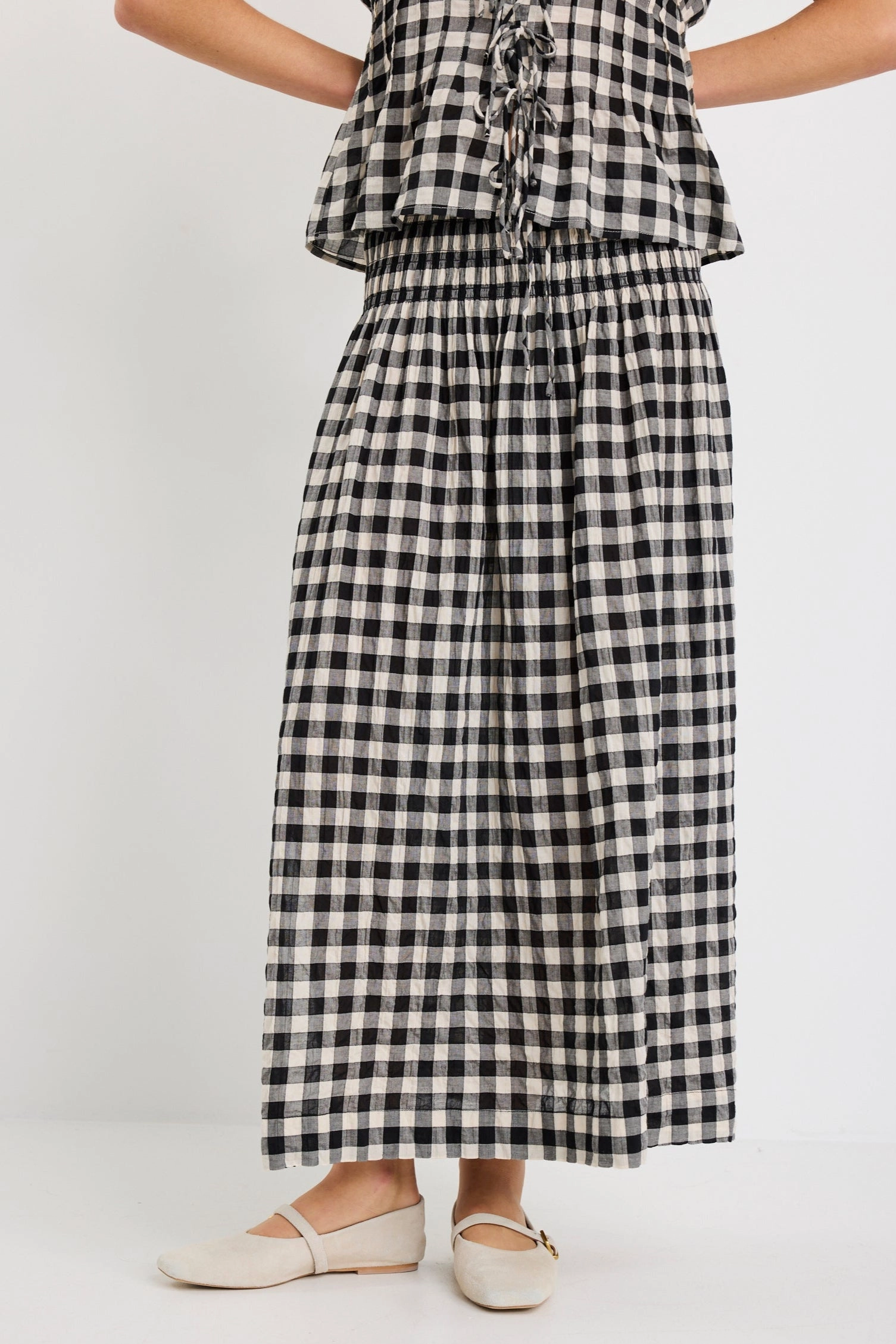 Metallic Finish Style Preview Cheerful Black Gingham Cotton Shirred Waist Maxi Skirt