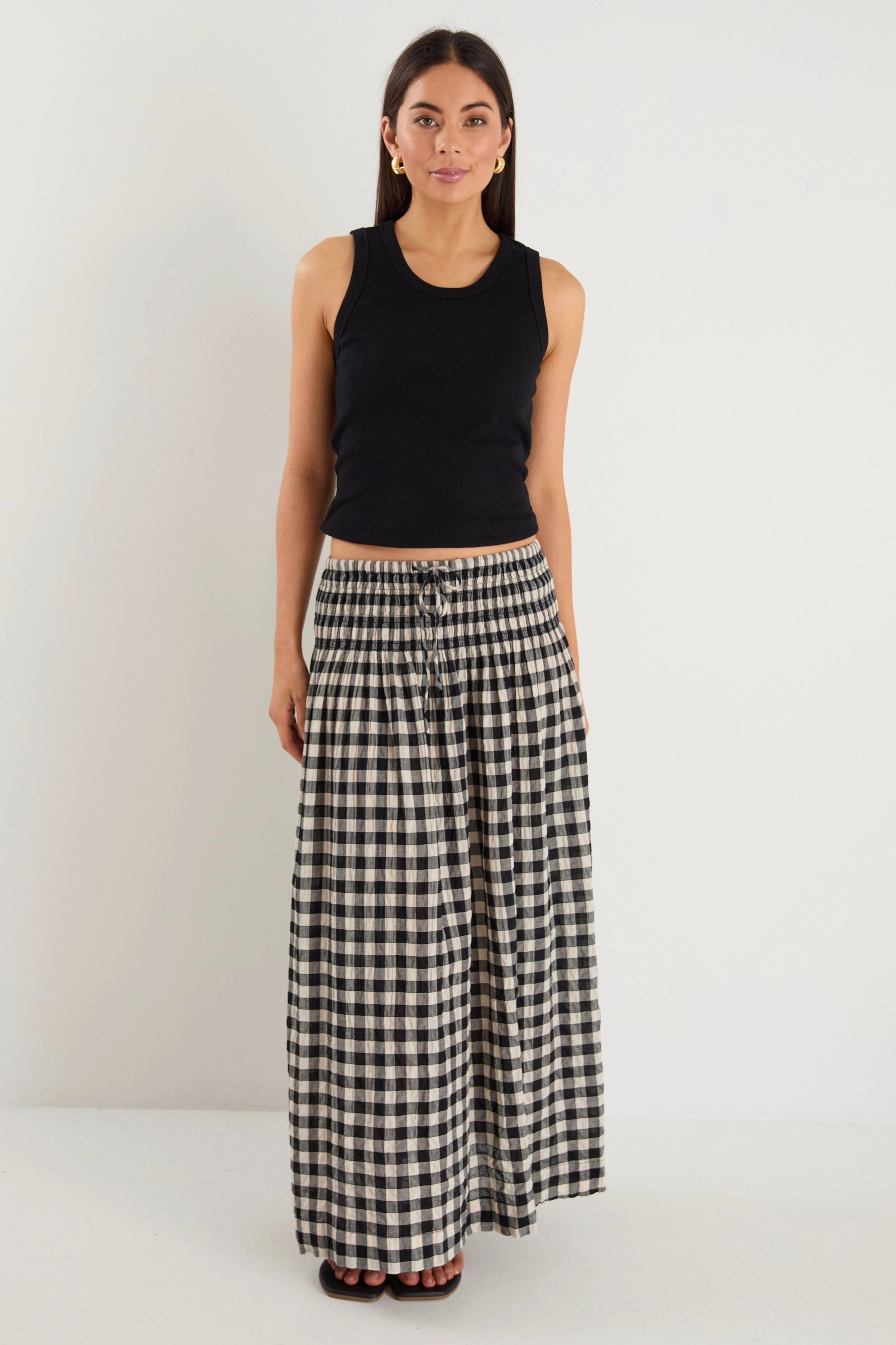 Natural Look Cheerful Black Gingham Cotton Shirred Waist Maxi Skirt