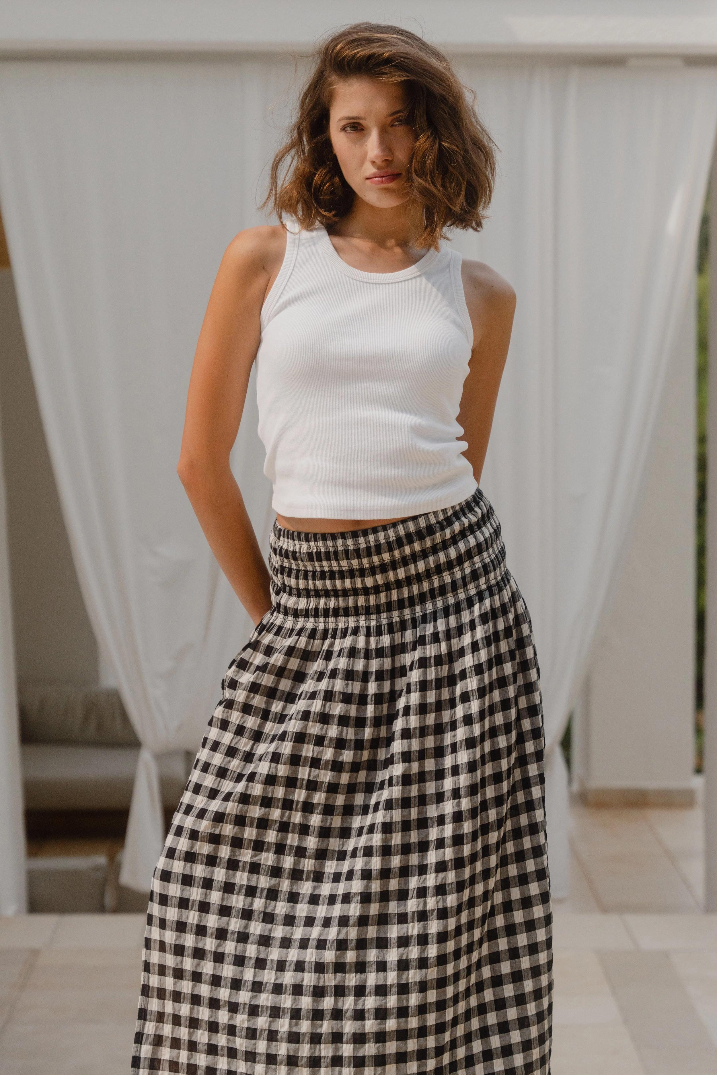 Cheerful Black Gingham Cotton Shirred Waist Maxi Skirt Unique Feature