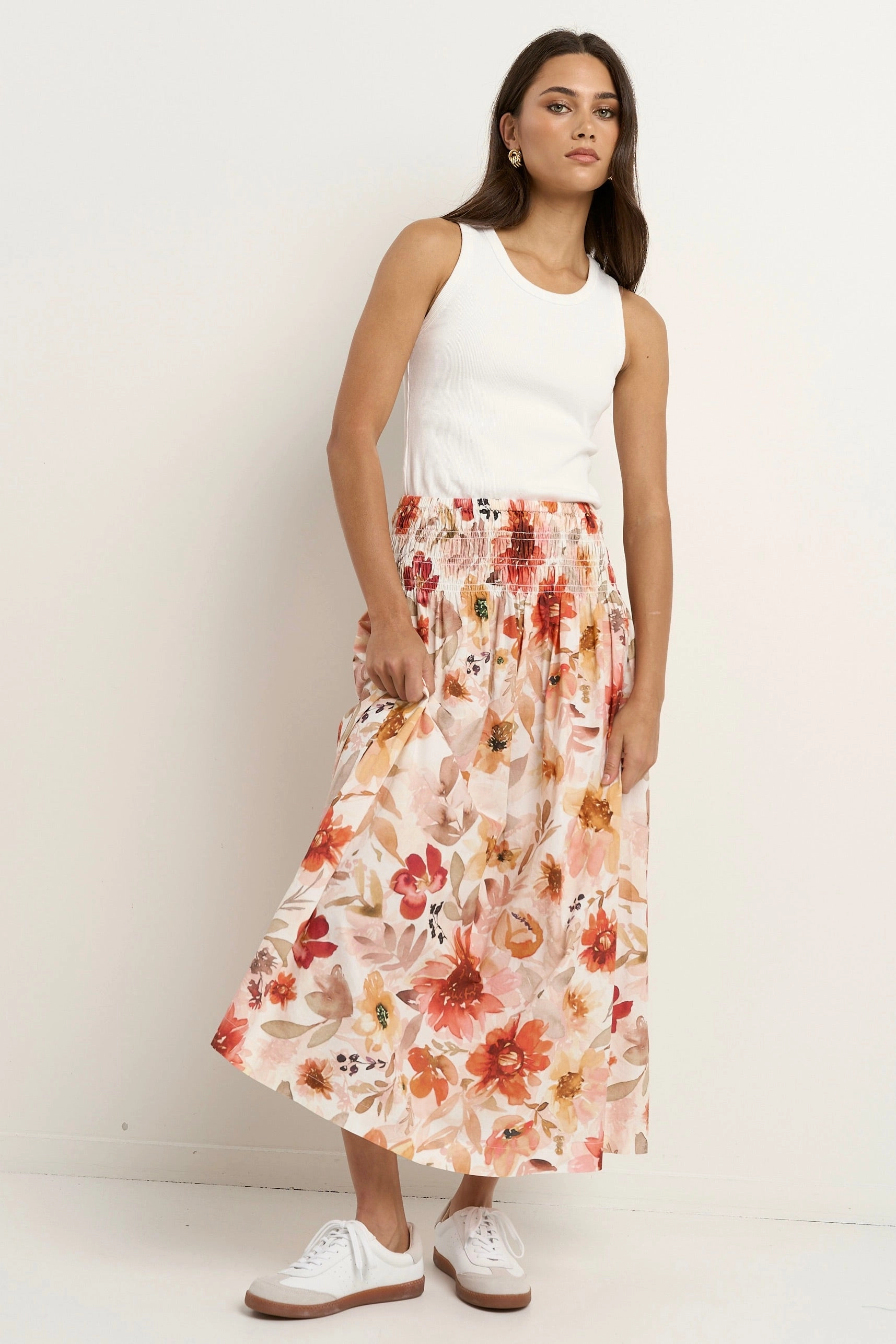 Cheerful Sunrise Meadow Shirred Waist Maxi Skirt ribbed texture Layered Structure