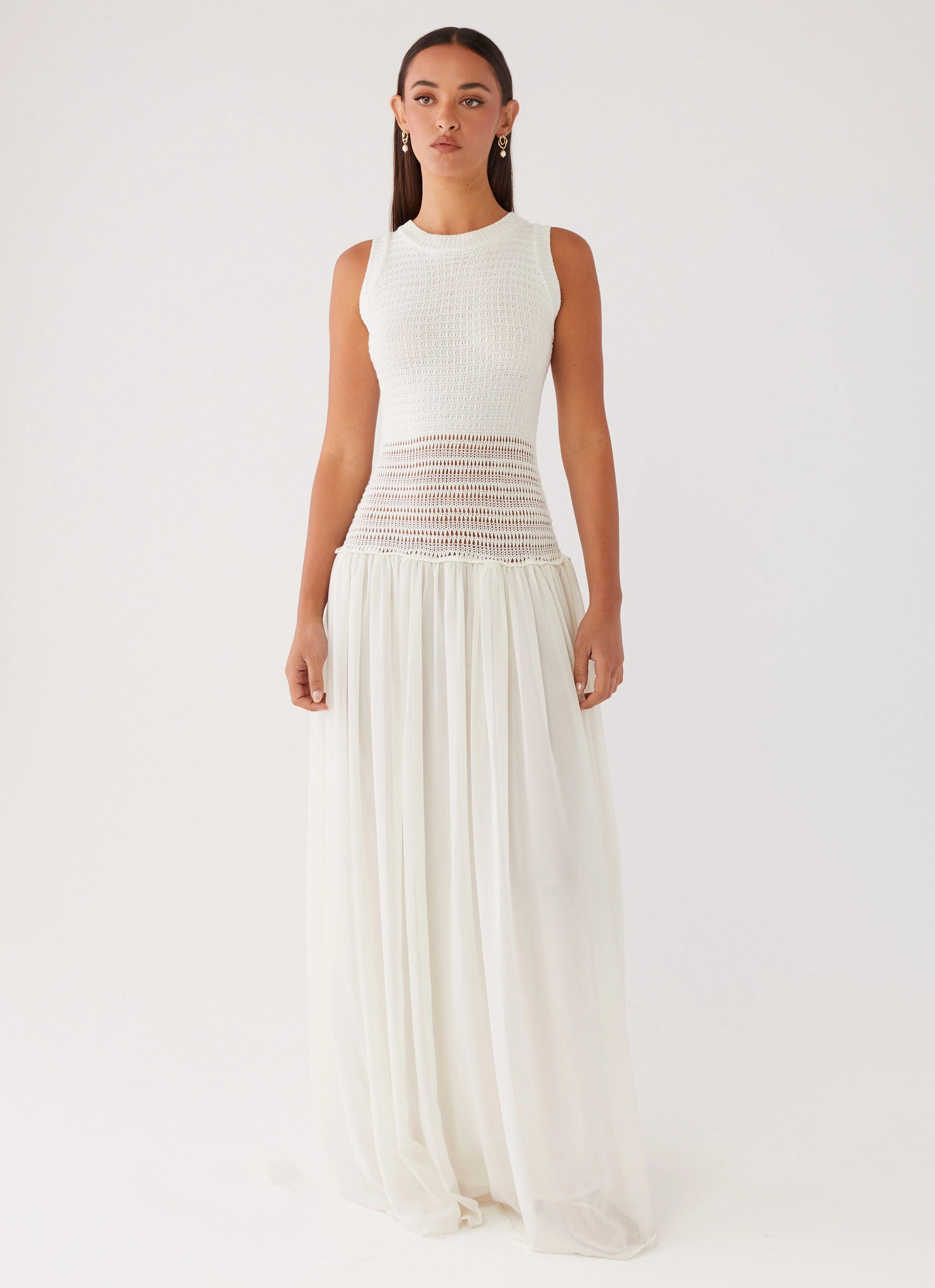 Versatile Wear Trendy And Comfortable Off Grid Crochet Maxi Dress - White