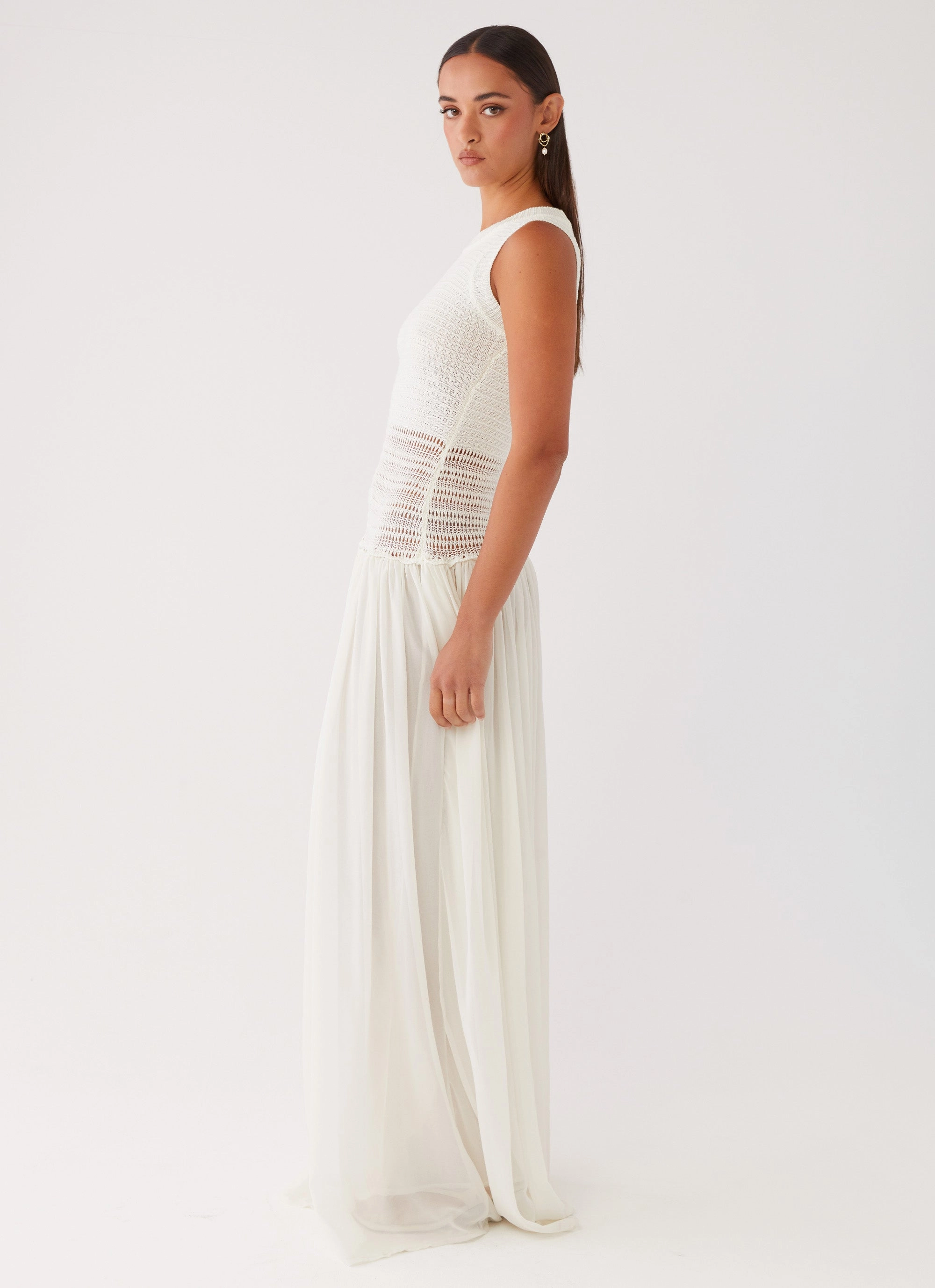 Silky Layer Off Grid Crochet Maxi Dress - White