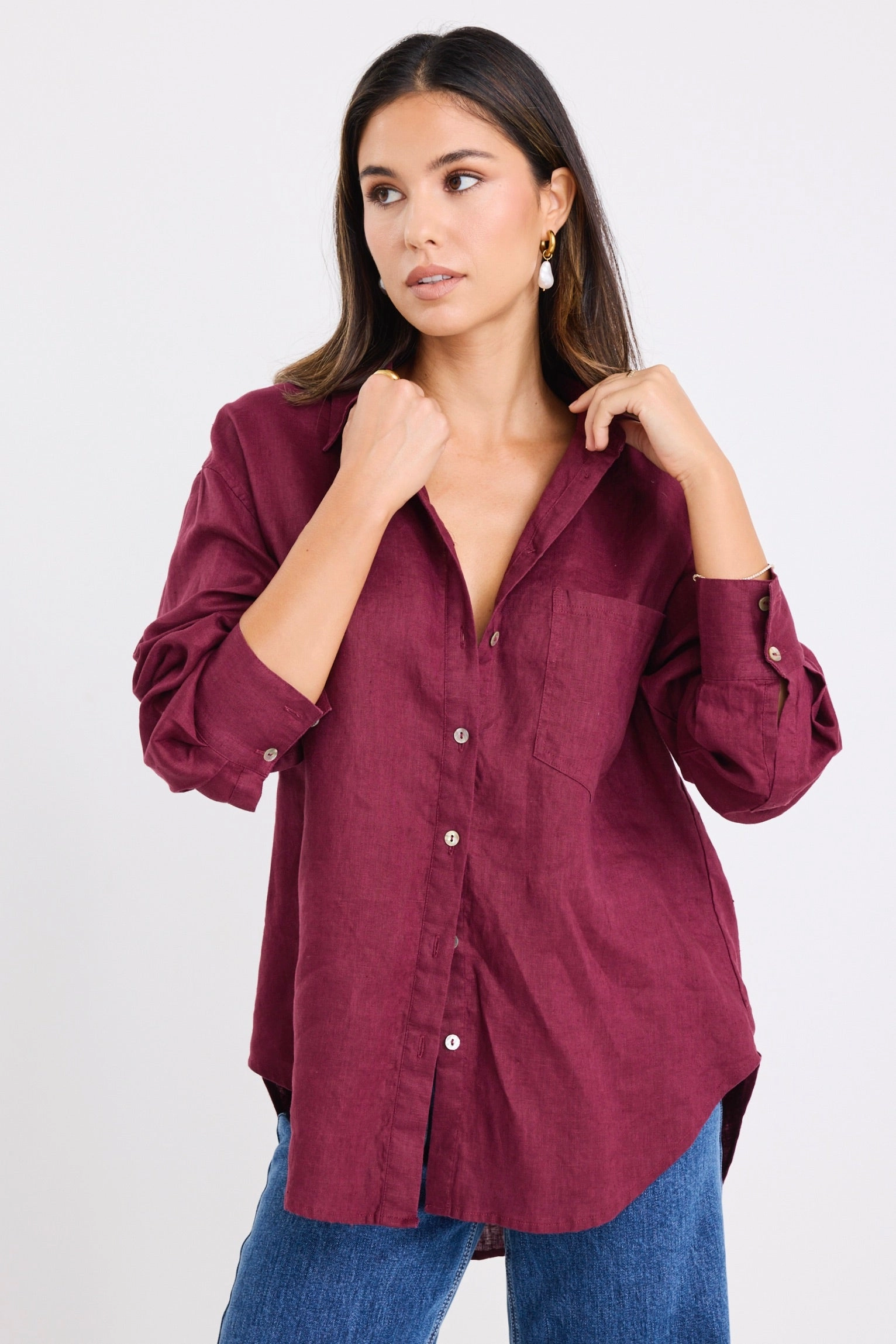 Optimum Burgundy Plum Linen Oversized Shirt StretchableKnit