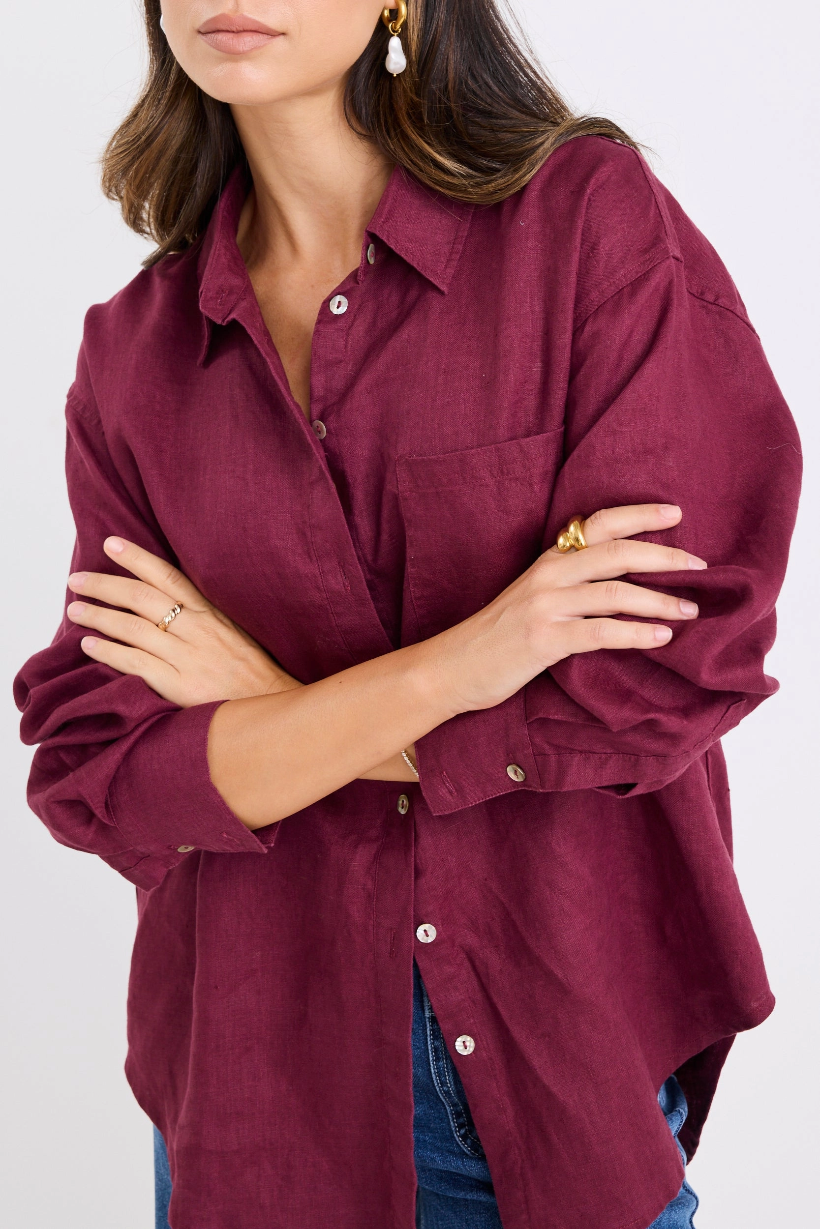 Layered Hem Reinforcement OdorResistantFinish Optimum Burgundy Plum Linen Oversized Shirt