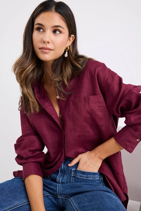 ReinforcedShoulderConstruction Optimum Burgundy Plum Linen Oversized Shirt