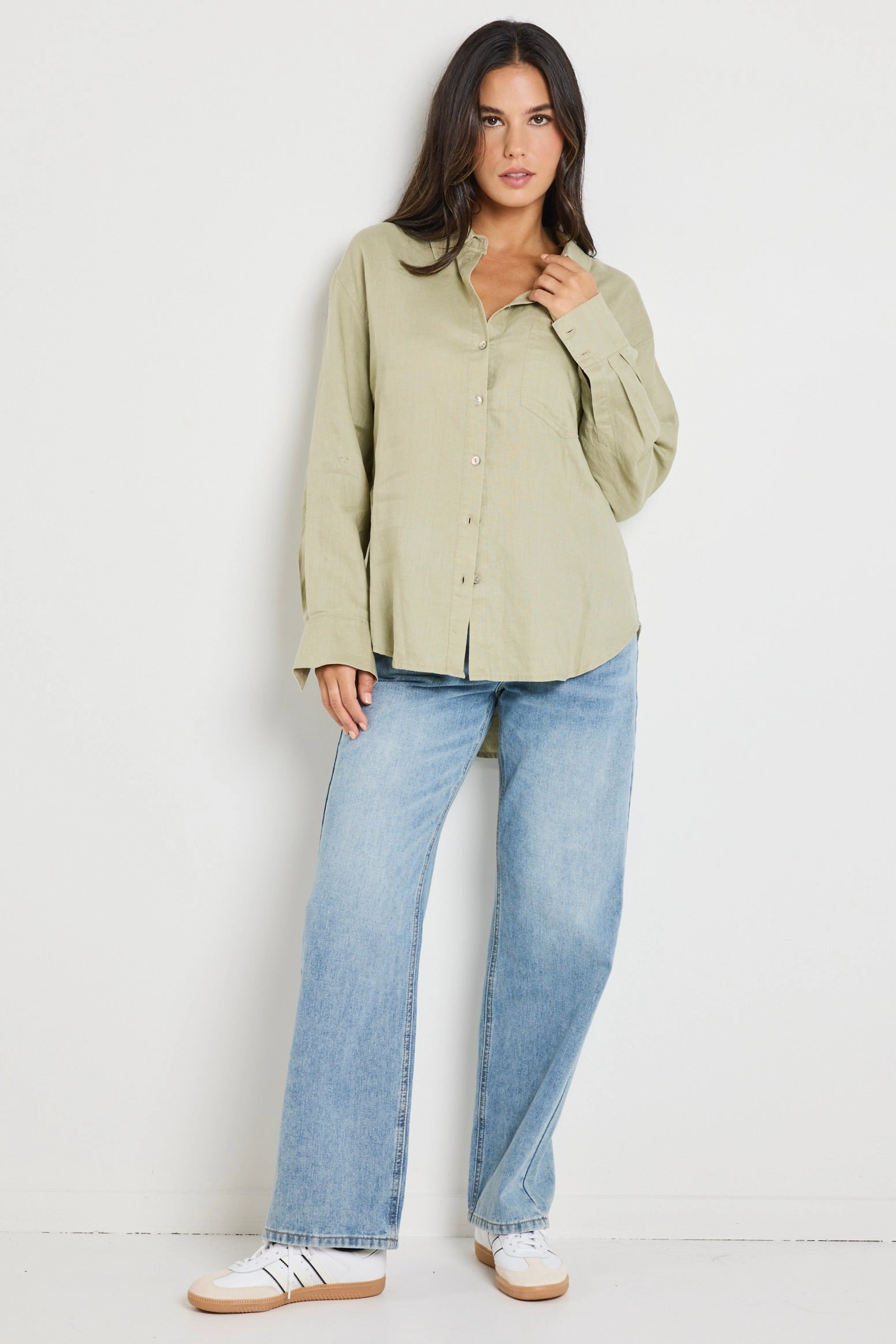 Optimum Pale Moss Linen Classic Shirt Stretchy Top