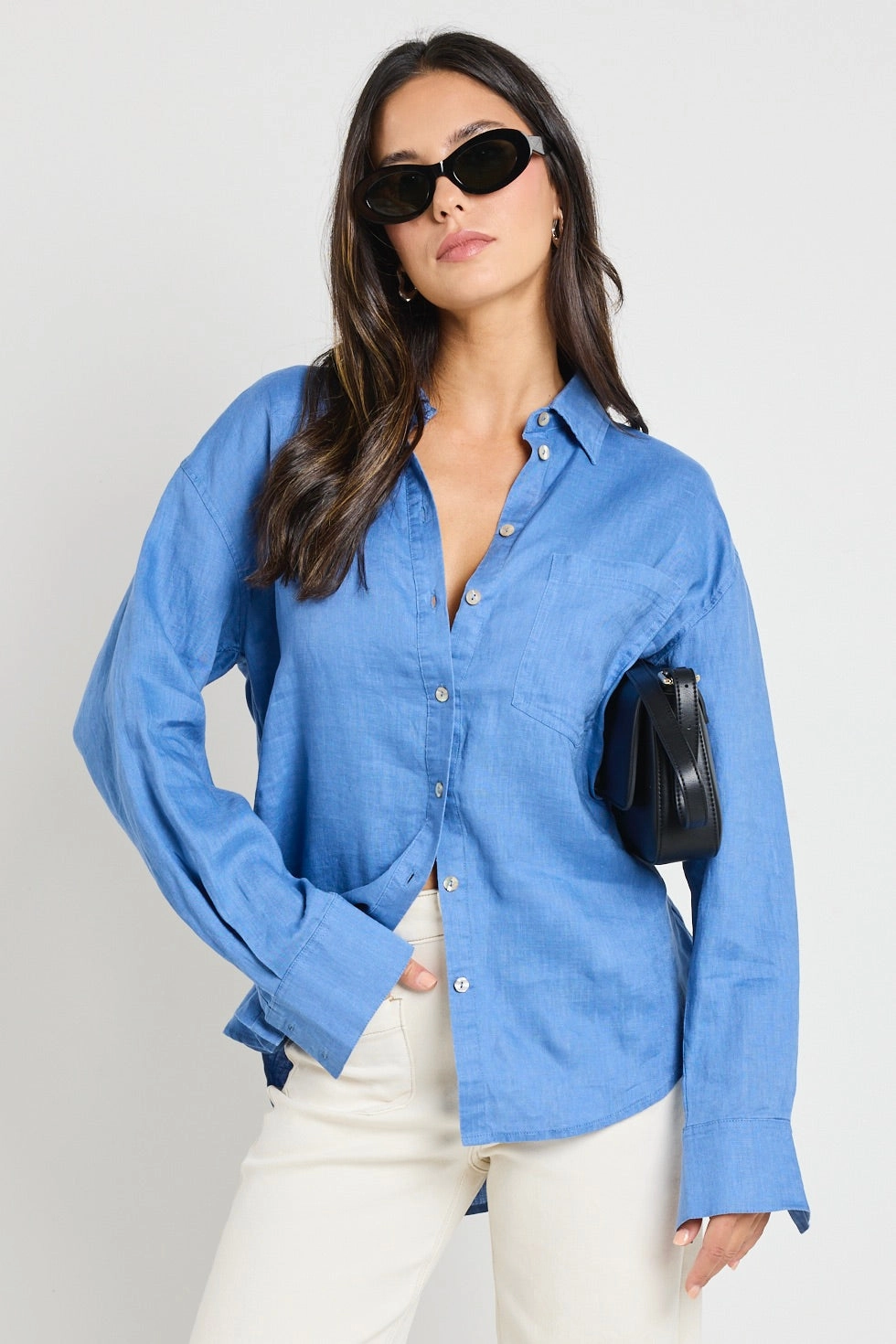 Optimum True Blue Linen Oversized Shirt Brushed Inner Layer Drop Shoulder