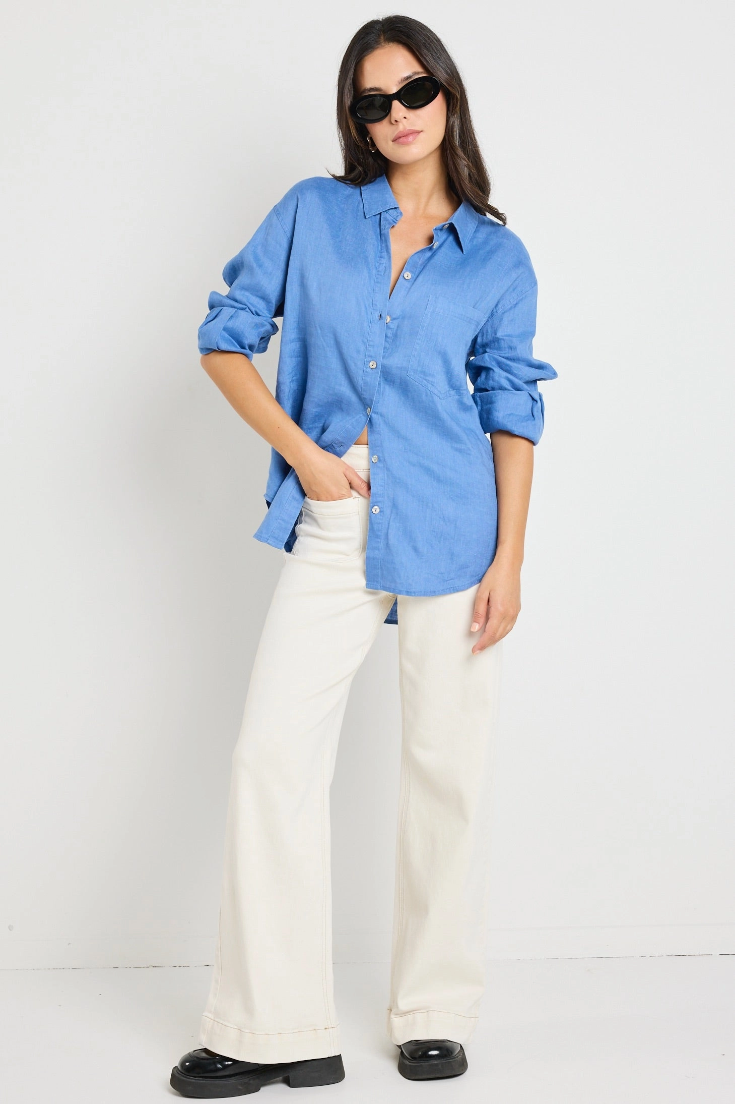 Optimum True Blue Linen Oversized Shirt Elasticized Waistband
