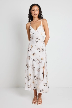 Otherworldly Champagne Floral Satin Bias Slip Midi Dress Curve-Enhancing Soft Composition