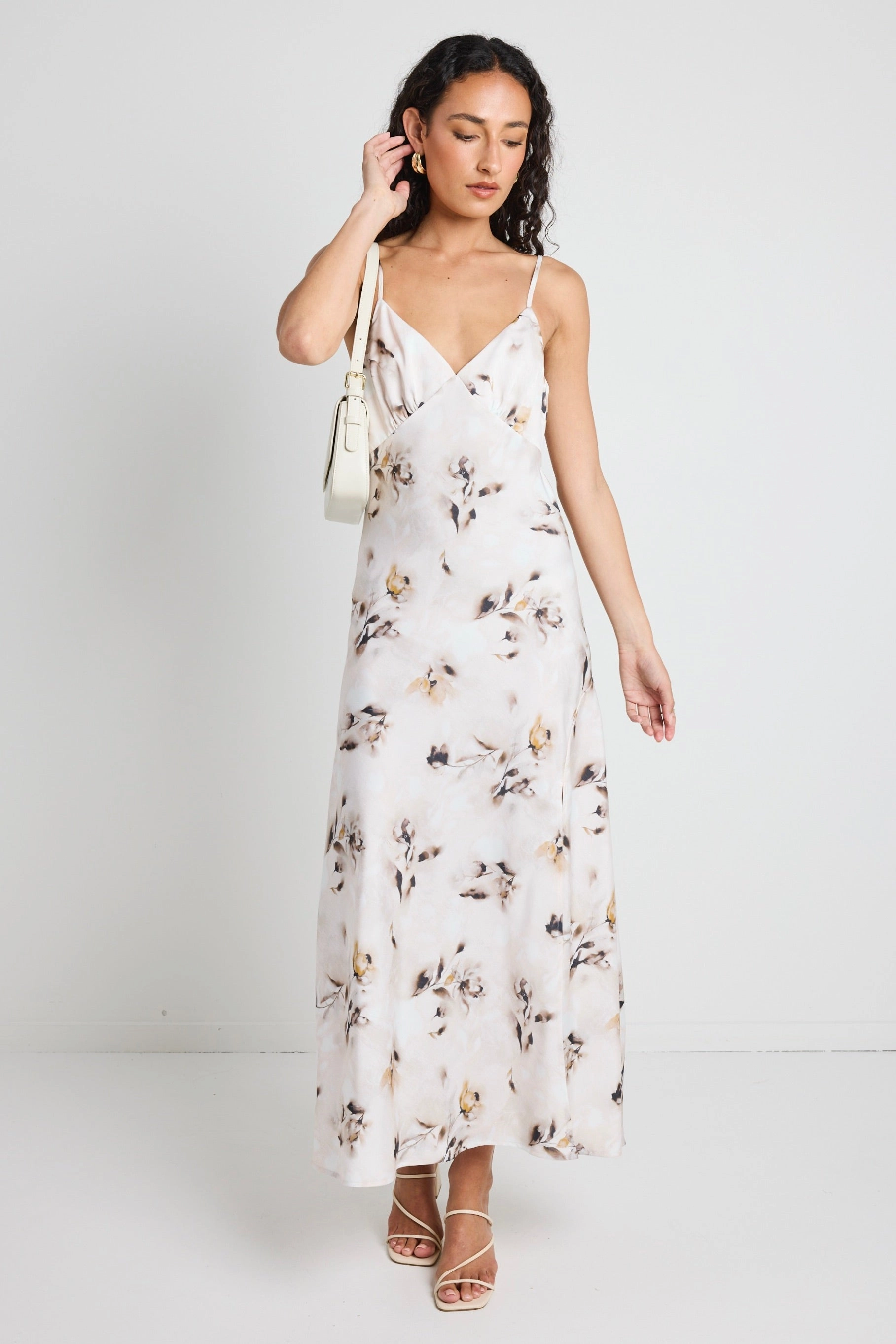 Air Touch Modern Finish Otherworldly Champagne Floral Satin Bias Slip Midi Dress