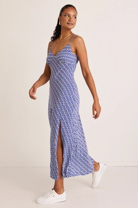 Otherworldly Electric Blue Batik Bias Slip Midi Dress Flexible Fabric Timeless Trend
