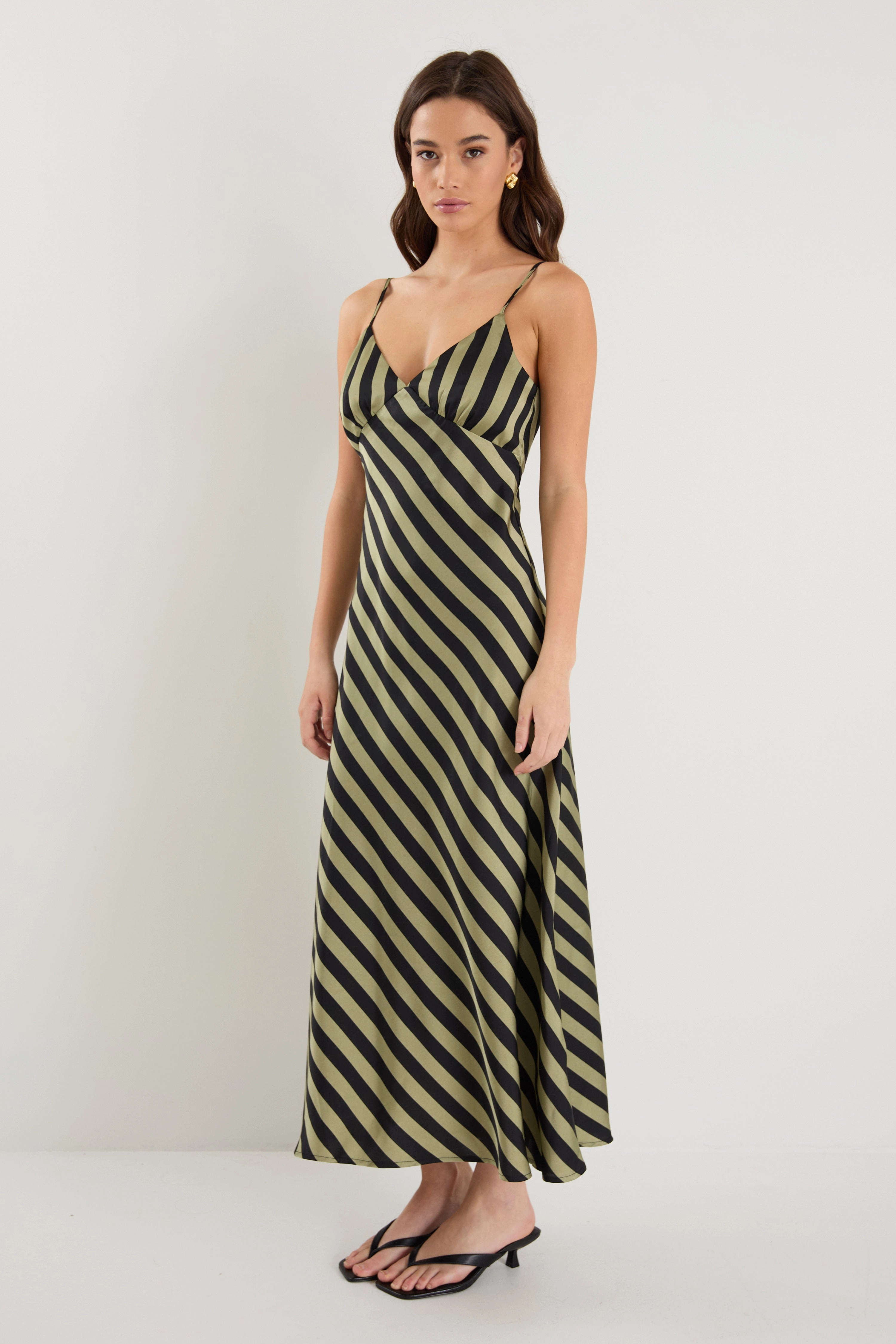 Casual Vibes Side-Zip Otherworldly Khaki Black Stripe Satin Bias Slip Midi Dress